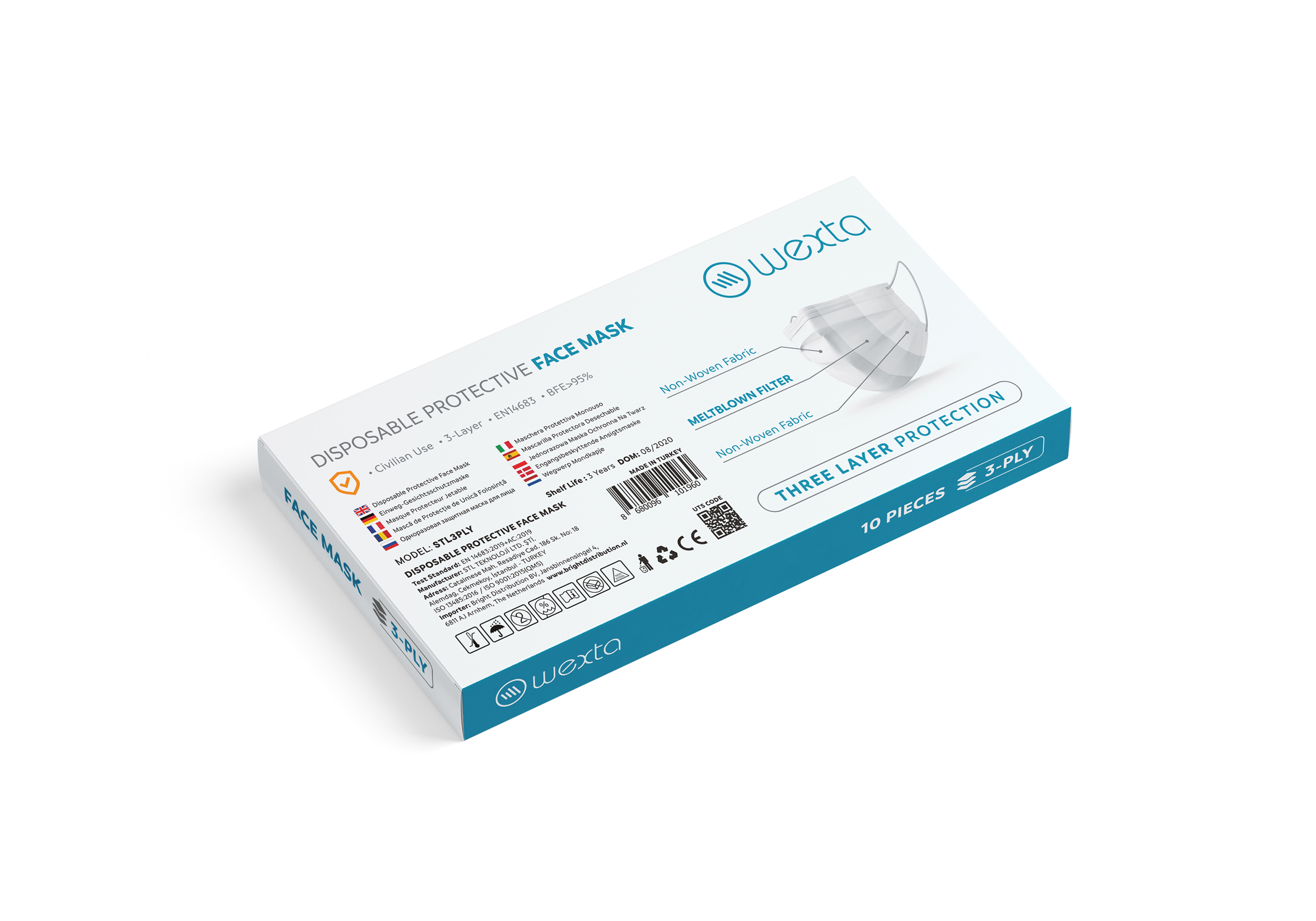 Box of disposable protective face masks. White box with text and a graphic.