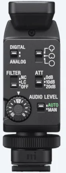 Audioschnittstelle mit Drehreglern und Tasten. Schwarz und Silber.