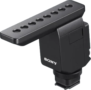 Schwarzes Sony-Mikrofon, abgewinkelt, mit mehreren Löchern zur Tonaufnahme.