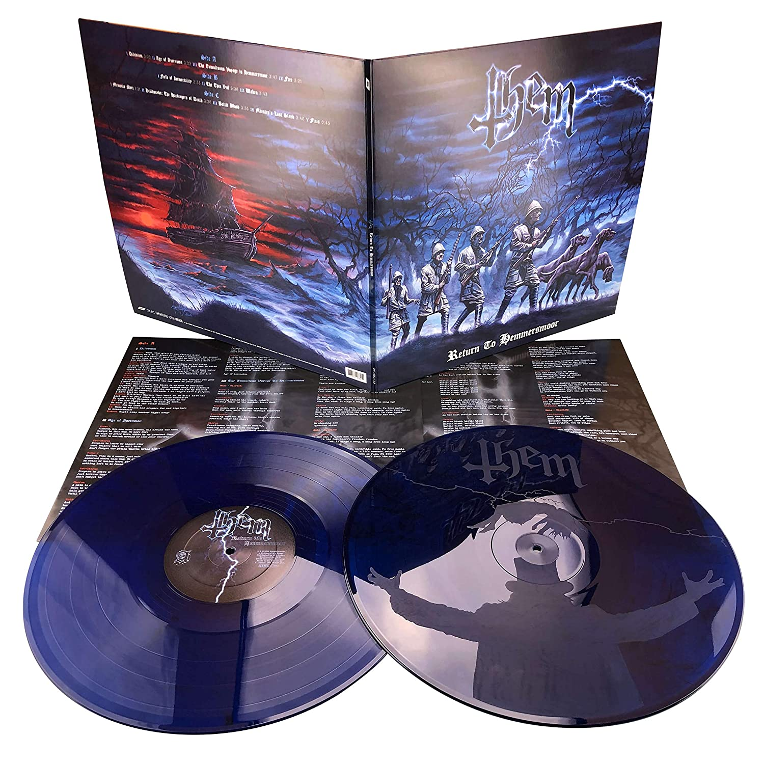 A 'Them: Return to Hemmersmoor' album borítója. Egy égő hajót, katonákat és sötétkék bakelitlemezeket ábrázol.