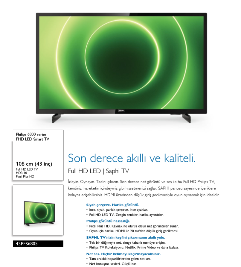 PHILIPS 43PFS6805 43'' 108 Ekran Uydu Alıcılı Smart Full-HD LED TV