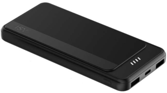 Batterie externe noire avec le logo ISY et des voyants de charge blancs.