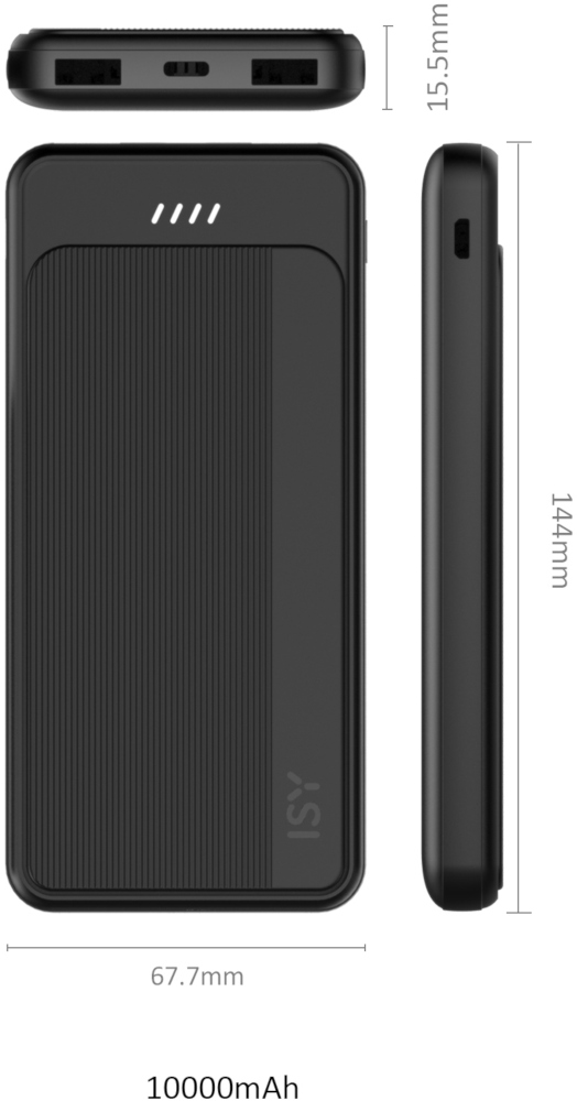 Batterie externe noire avec dimensions affichées. 10000mAh.