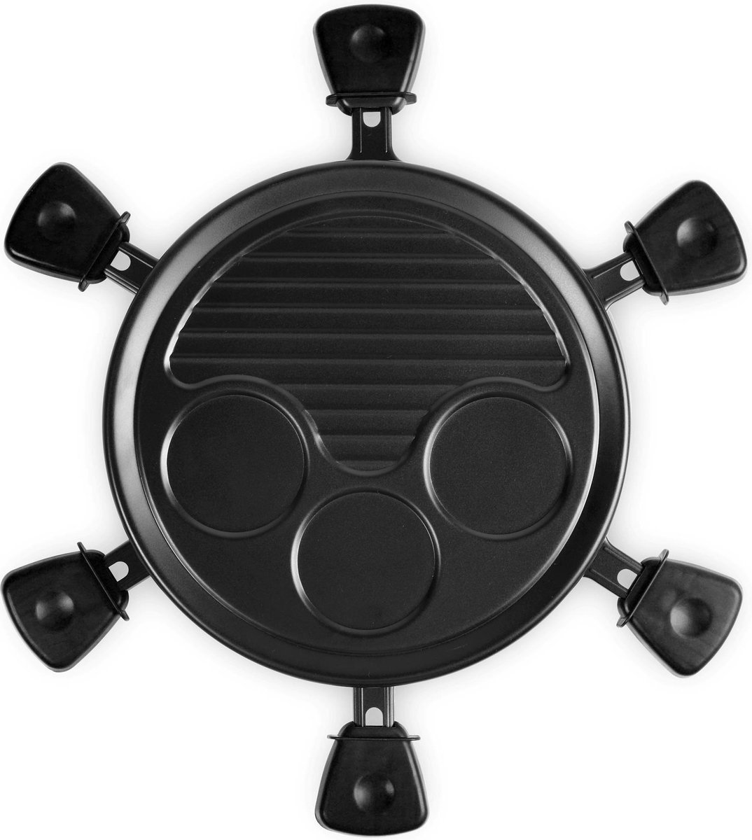 Schwarzer Raclette-Grill, Draufsicht. Er hat ein kreisförmiges Design mit einem Grillbereich und drei runden Abschnitten. Sechs Griffe umgeben ihn.