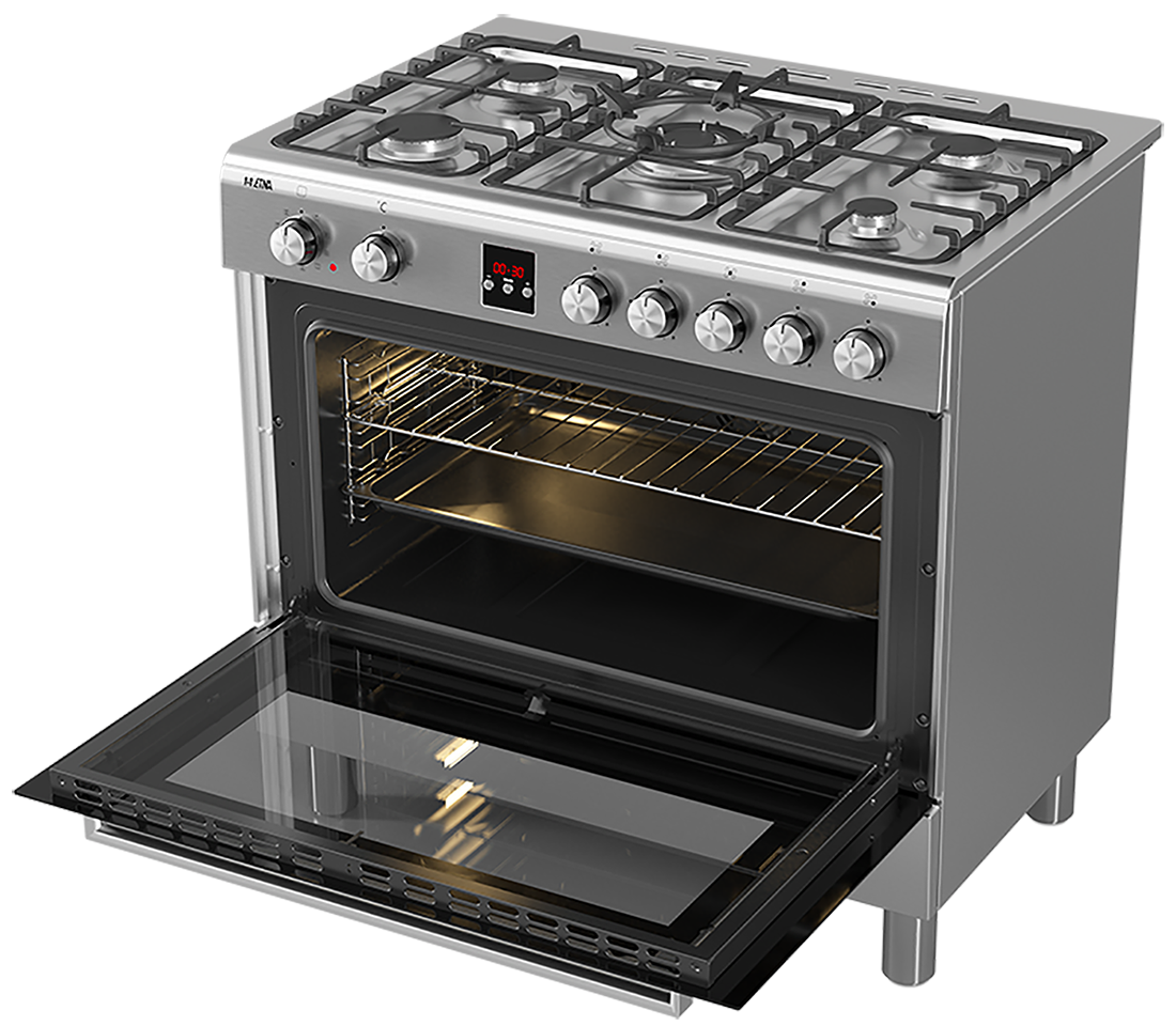 RVS gasfornuis met open ovendeur. Interieur van de oven zichtbaar, met digitale klok.