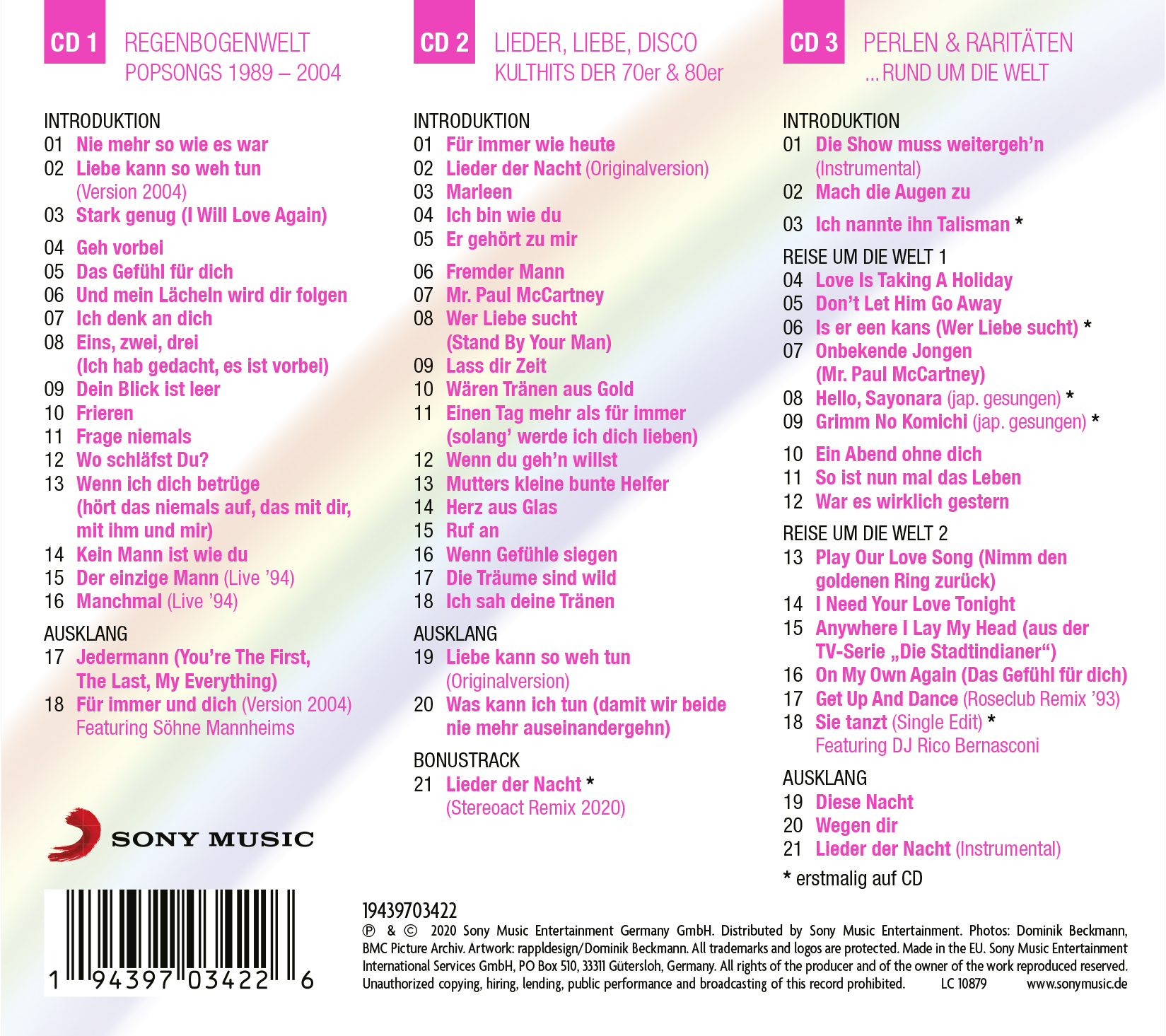 CD-Album. Titelliste mit Titeln auf Deutsch. Sony Music Logo unten.