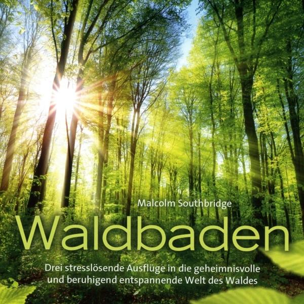 Waldszene mit grünen Bäumen. Text: Waldbaden, Drei stresslösende Ausflüge in die geheimnisvolle Welt.