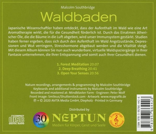 Ein CD-Cover mit dem Titel 'Waldbaden' und Informationen über Waldmeditation.