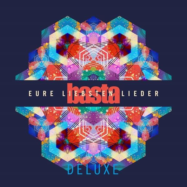 Albumcover mit geometrischem Design in Blau, Rot und Weiß, das Wort 'BASTA' ist sichtbar.