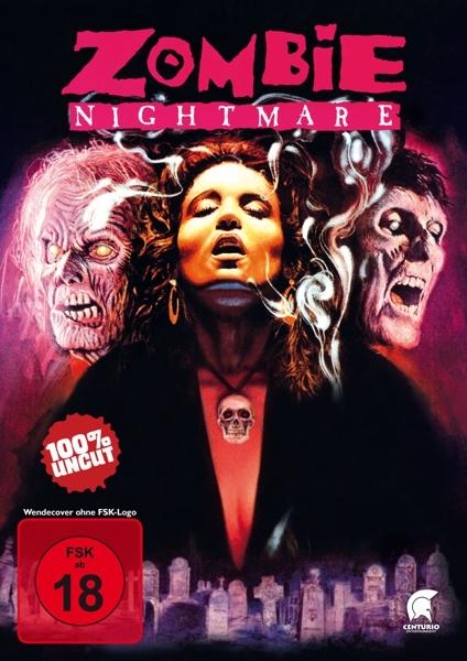Filmposter: Frau mit offenem Mund, Zombies auf jeder Seite. Text 'ZOMBIE NIGHTMARE'.