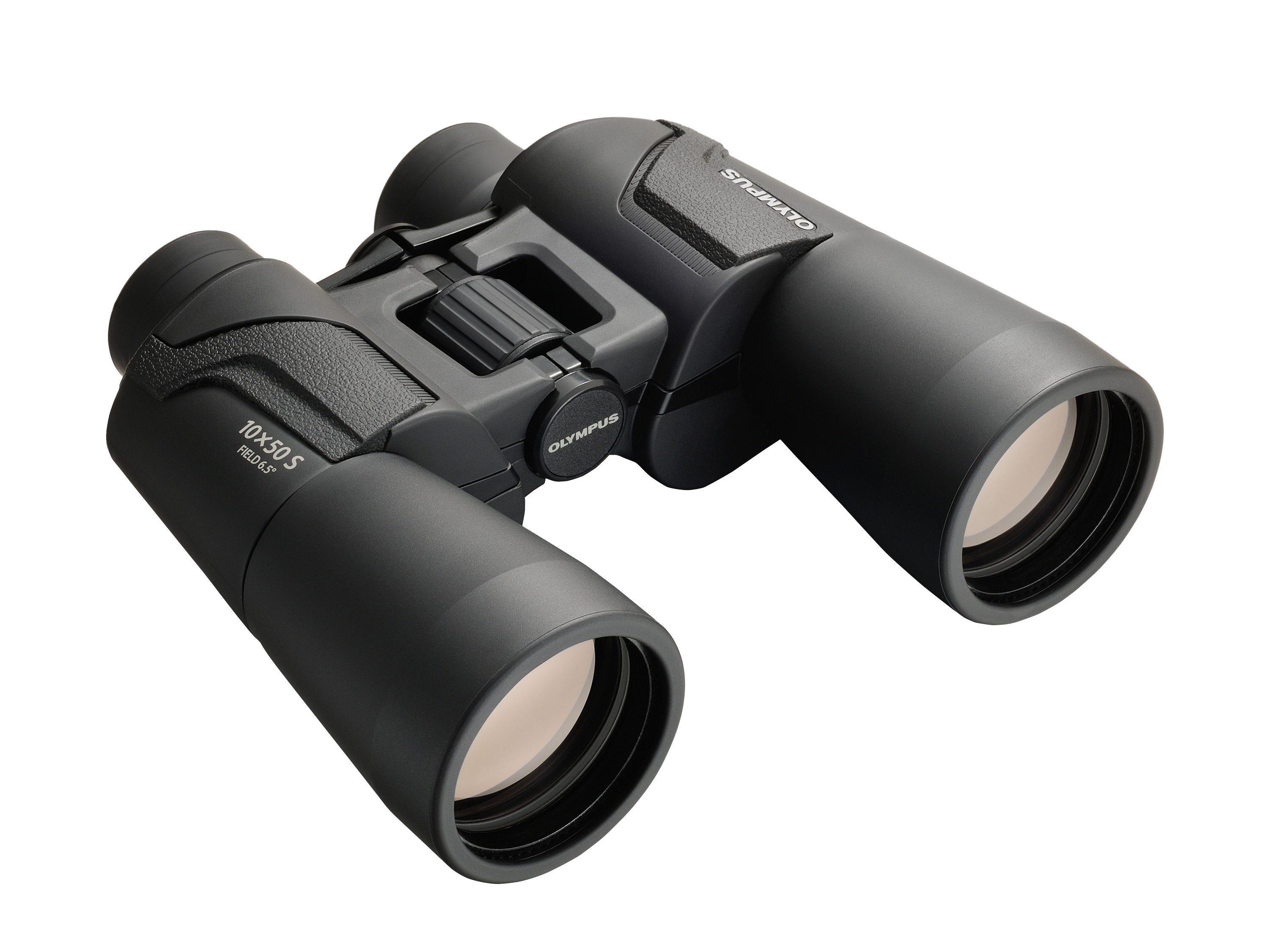 Schwarzes Olympus Fernglas auf weißem Hintergrund, leicht angewinkelt.
