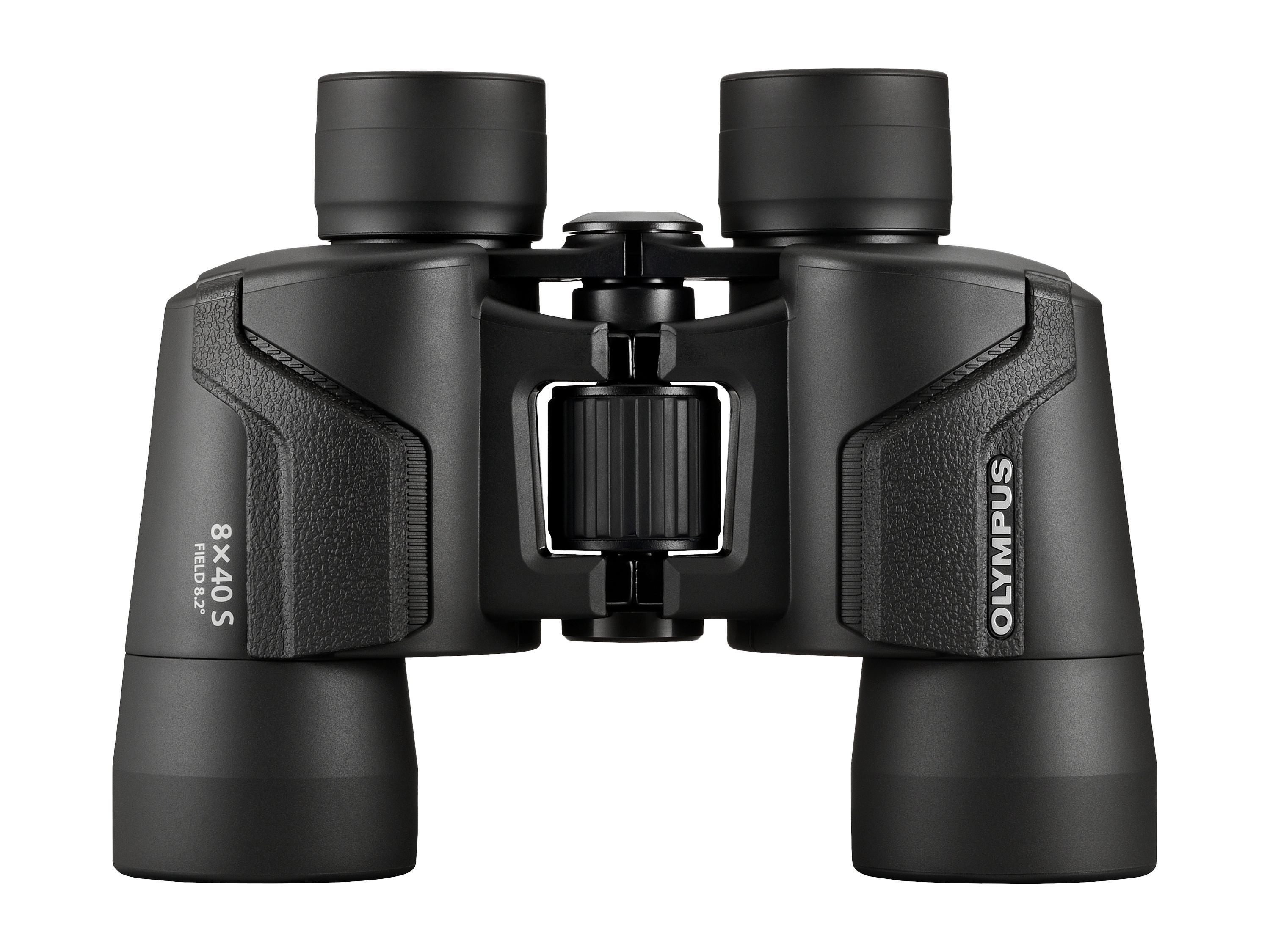 Schwarzes Fernglas mit dem Markennamen Olympus. Sie sind auf die Kamera gerichtet und zeigen die Objektive und das Einstellrad.