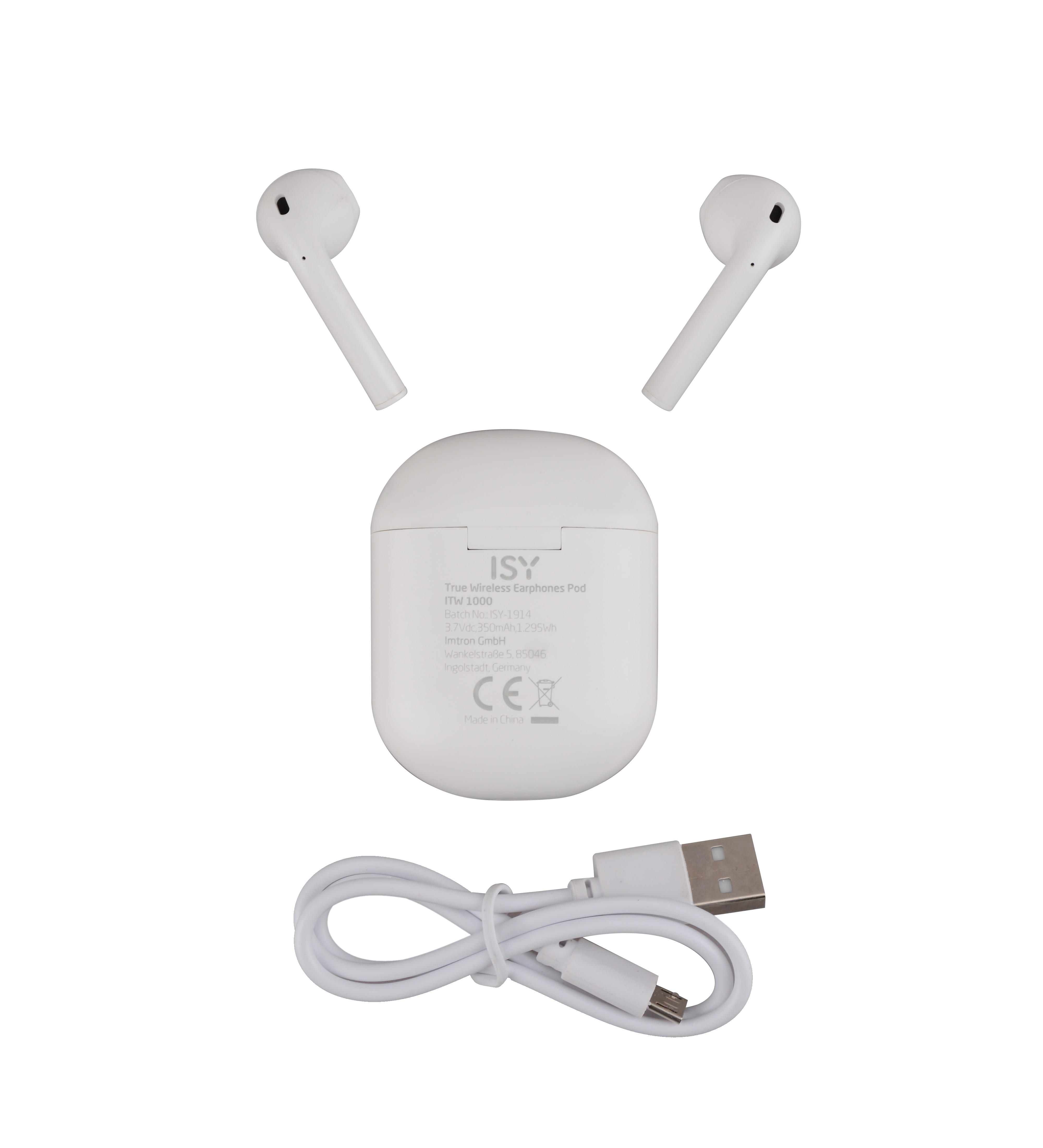 Kabellose weiße Ohrhörer, Ladecase und USB-C-Kabel auf weißem Hintergrund.