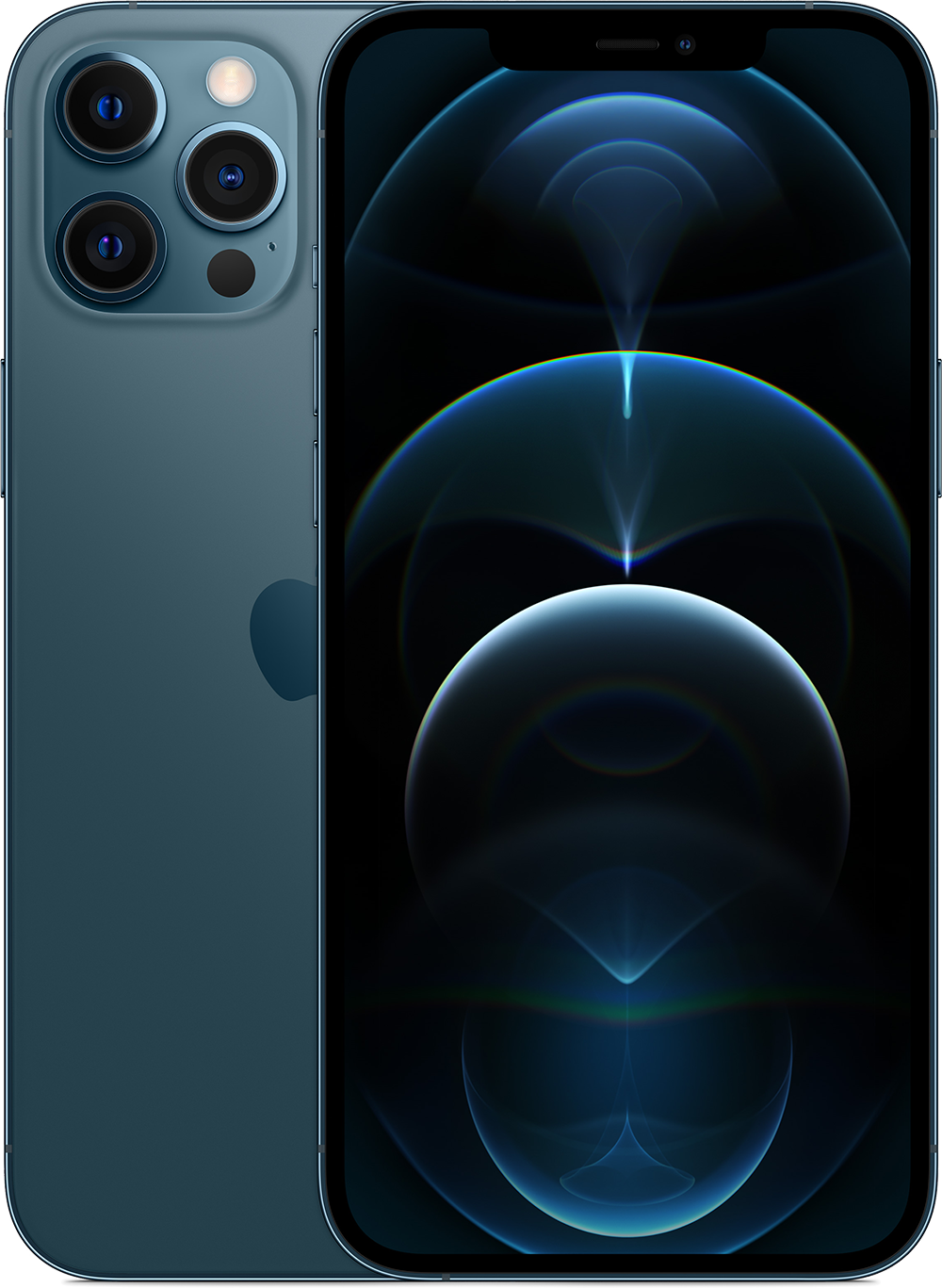 Een donkerblauwe iPhone 12 Pro, met de achterkant en het scherm. Het scherm toont een blauw, abstract ontwerp.