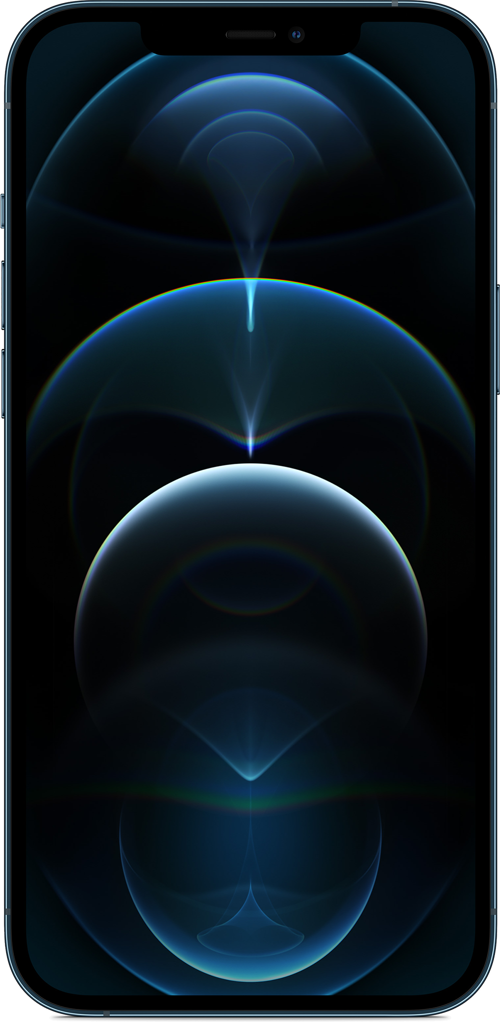 Een smartphone toont een blauw, abstract ontwerp met gebogen lijnen, die overlappende bollen nabootsen.