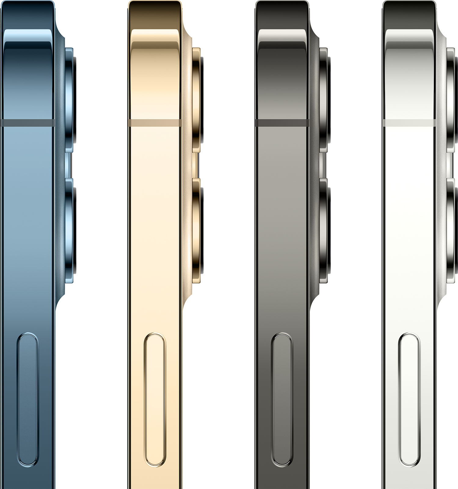 Vier smartphones in verschillende kleuren: blauw, goud, grijs en zilver. De zijkant van elke telefoon is zichtbaar.