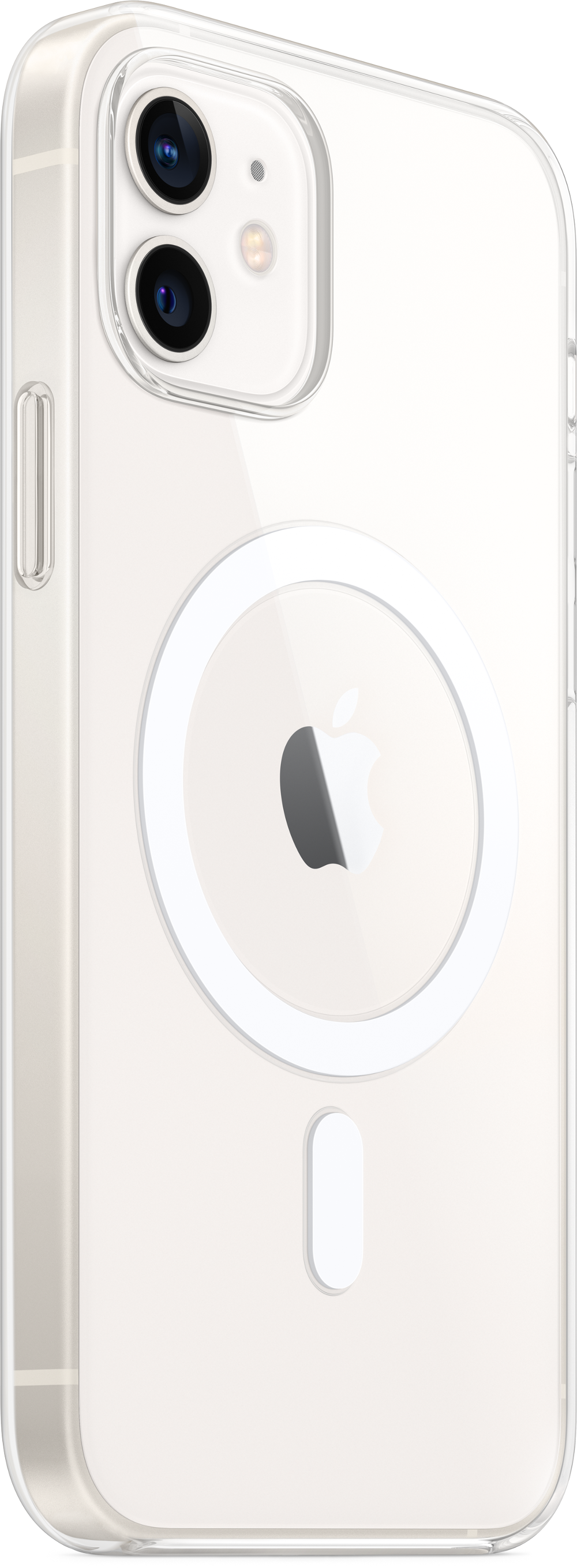 Transparente Handyhülle auf einem weißen iPhone 12, mit einem weißen Kreis und Apple-Logo.