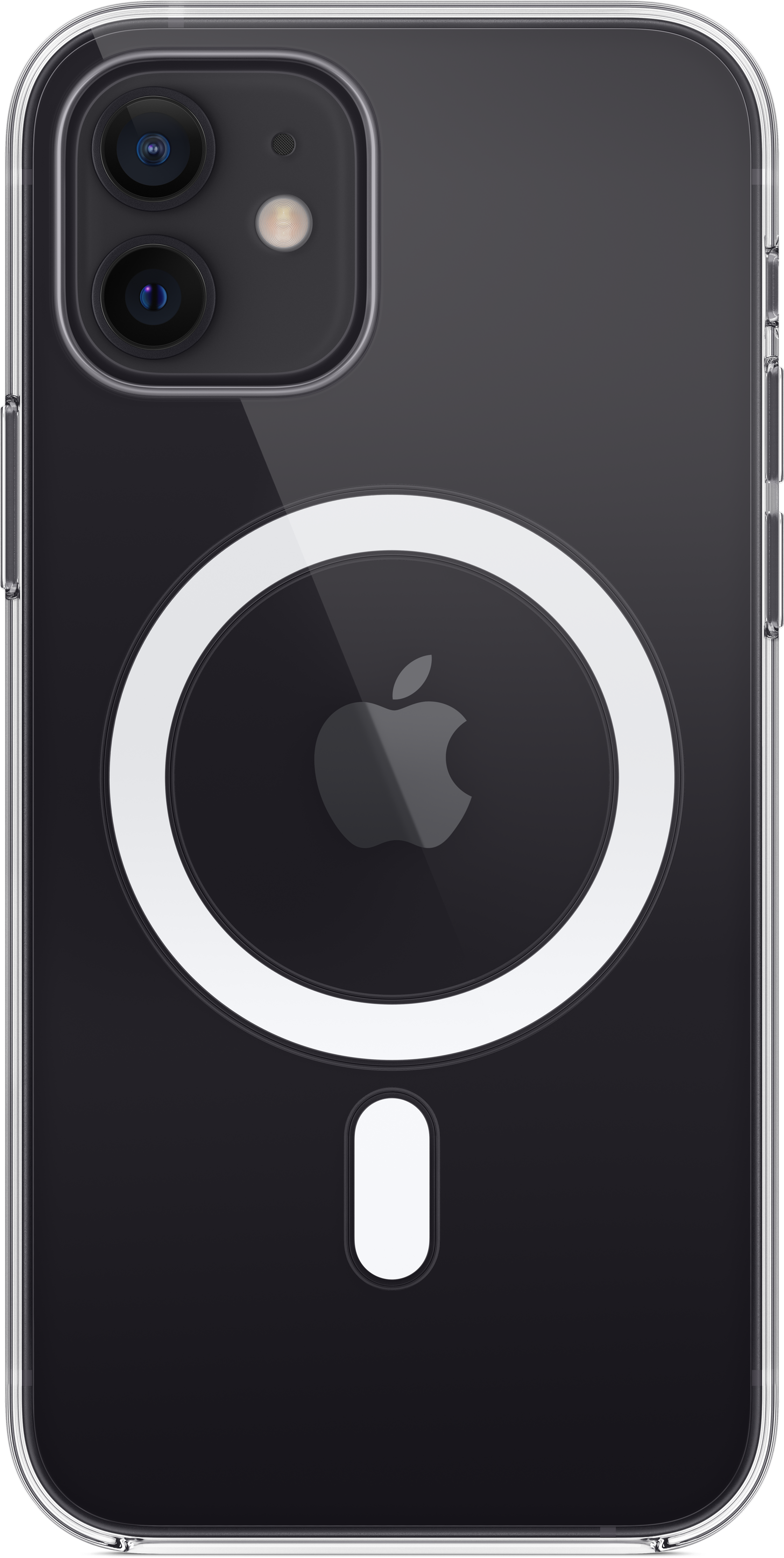 Transparente Handyhülle mit Apple-Logo auf der Rückseite. Schwarzes Telefon innen.