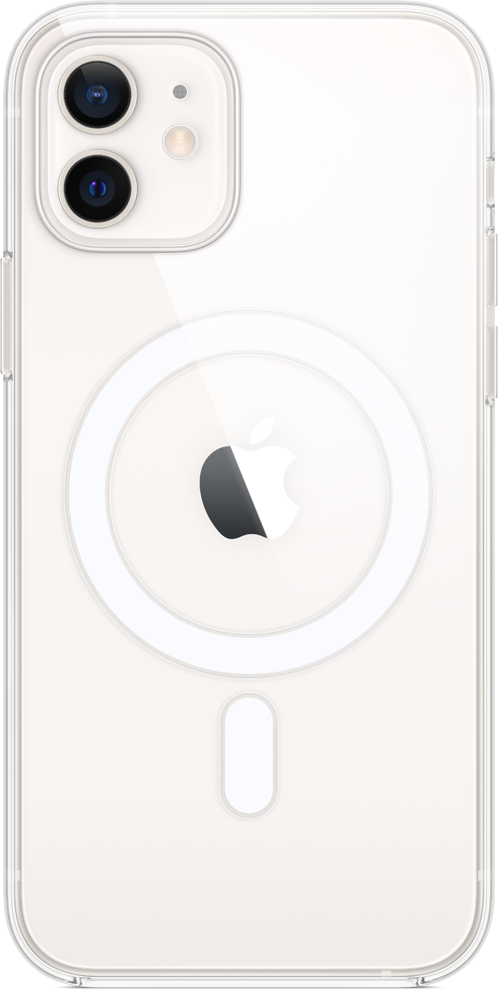 Transparente iPhone-Hülle mit weißem, kreisförmigem MagSafe und Apple-Logo.