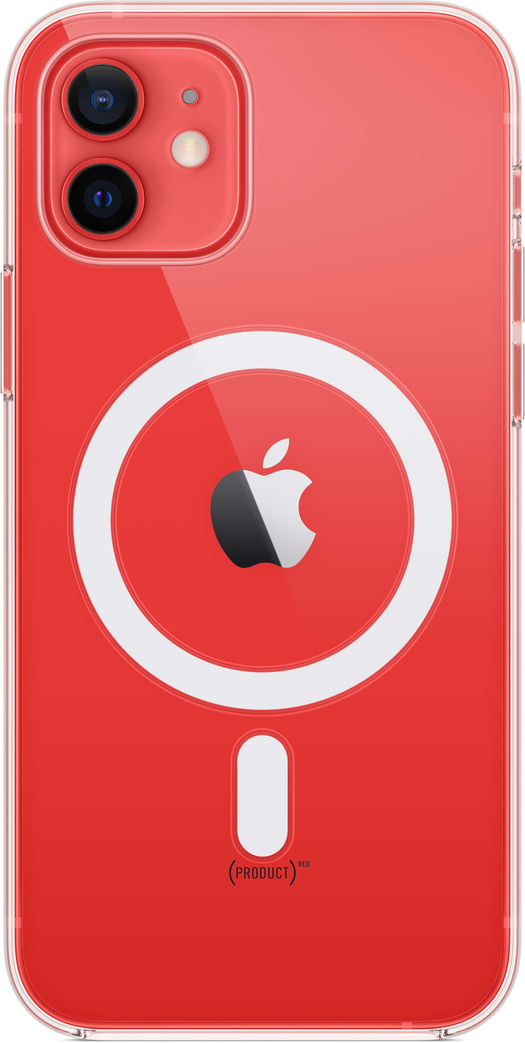 Eine rote iPhone 12 Hülle mit einem weißen MagSafe-Kreis und einem schwarzen Apple-Logo.