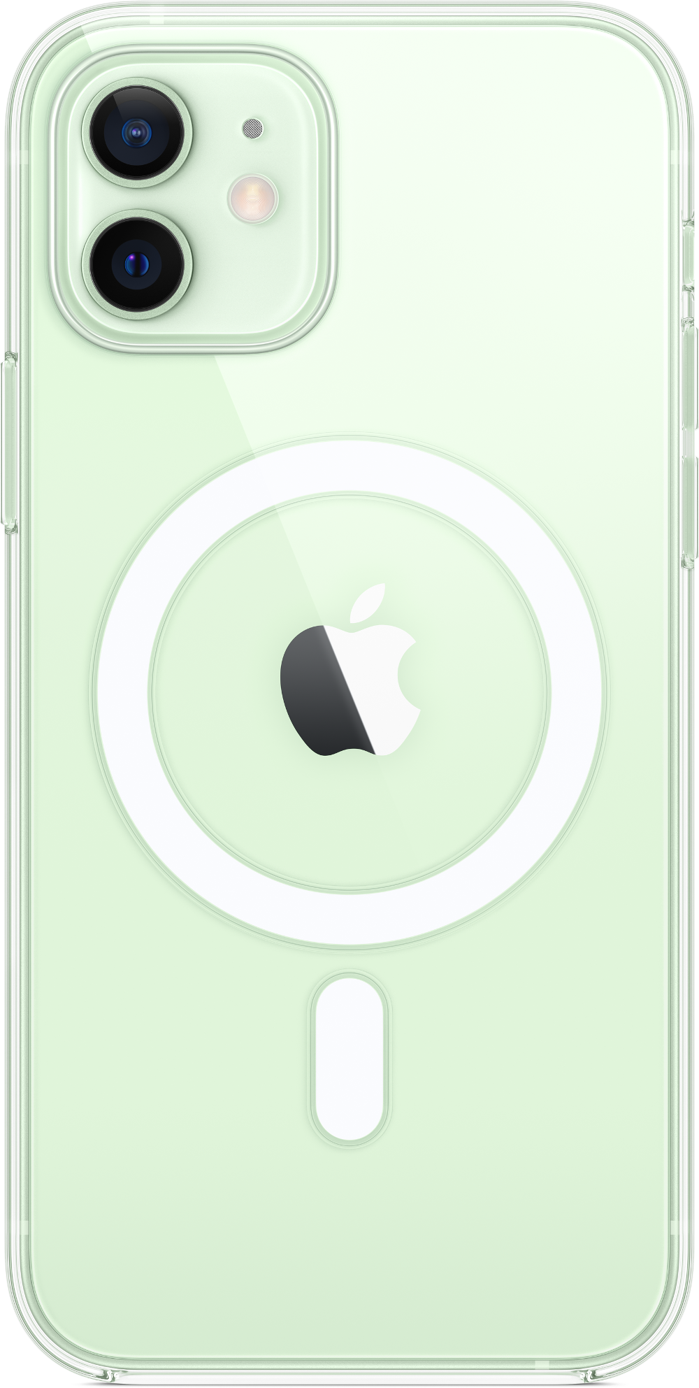 Eine grüne iPhone-Hülle mit weißem Kreis auf der Rückseite. Rückseite und Kamera des iPhones sichtbar.