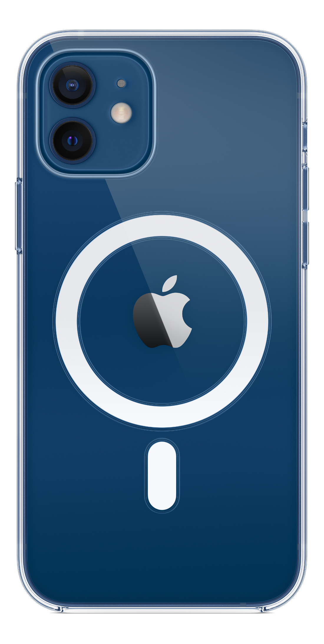 Blaue iPhone-Hülle mit weißem MagSafe-Ring und Apple-Logo.