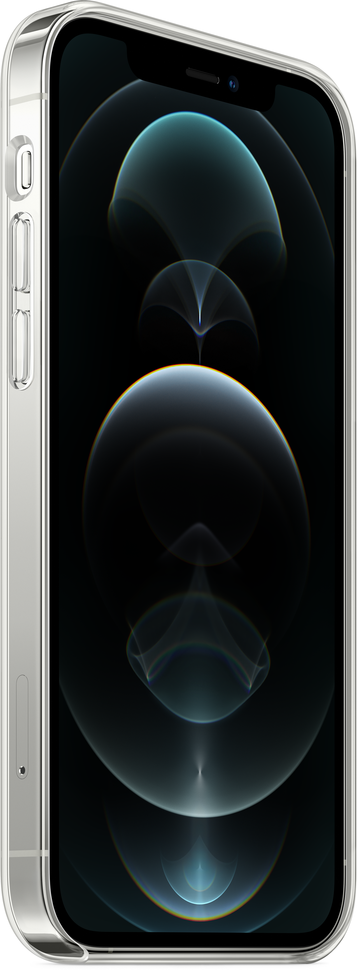 Silbernes iPhone 12 Pro, Seitenansicht, zeigt Bildschirm und Seitentasten.