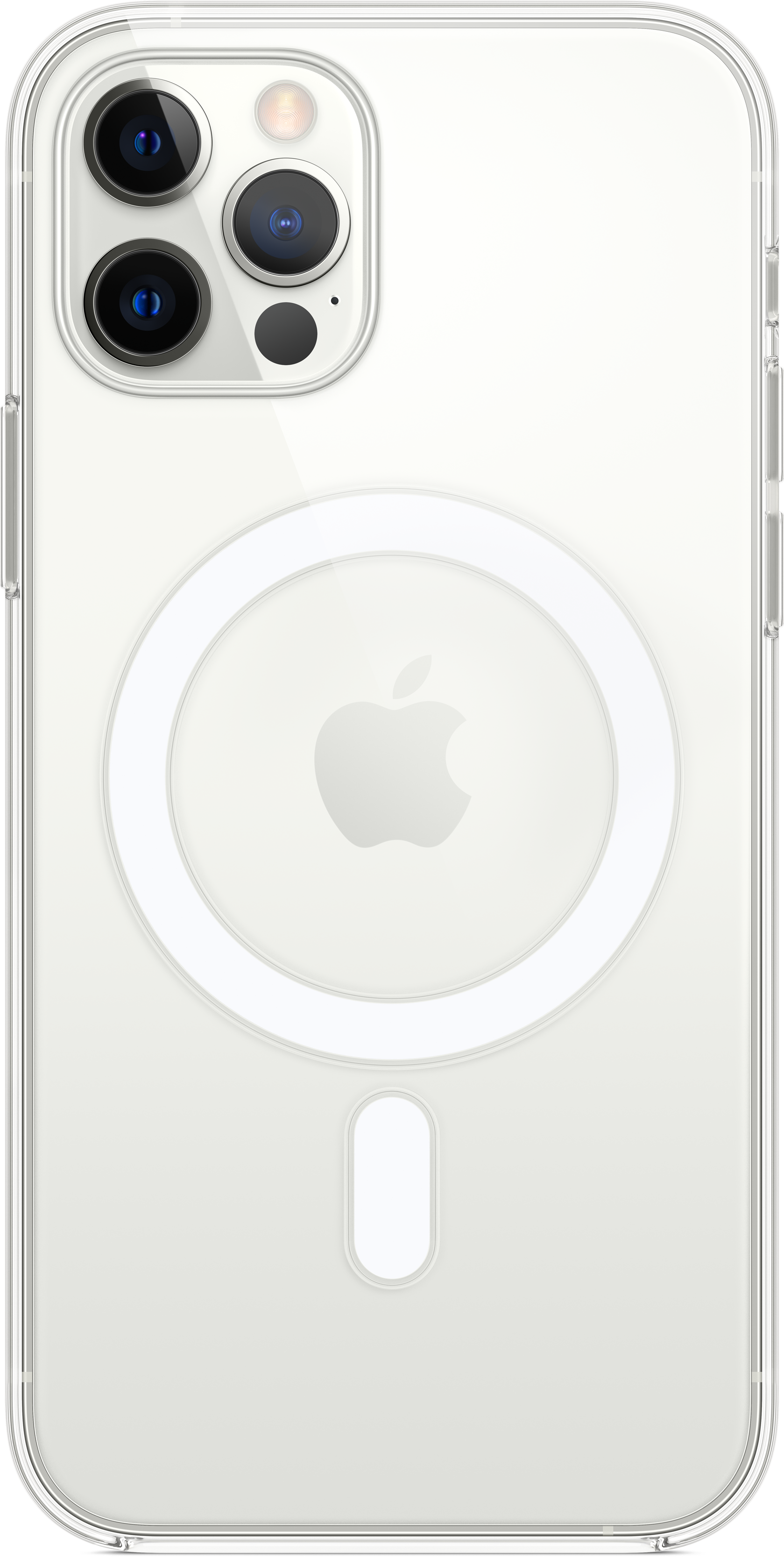 Eine transparente Handyhülle mit weißem Ring und dem Apple-Logo.