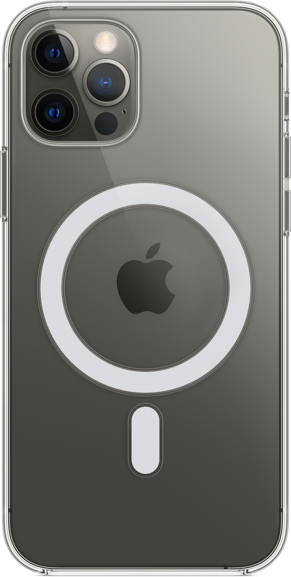 Eine transparente Handyhülle mit MagSafe-Ring und ein iPhone auf weißem Hintergrund.