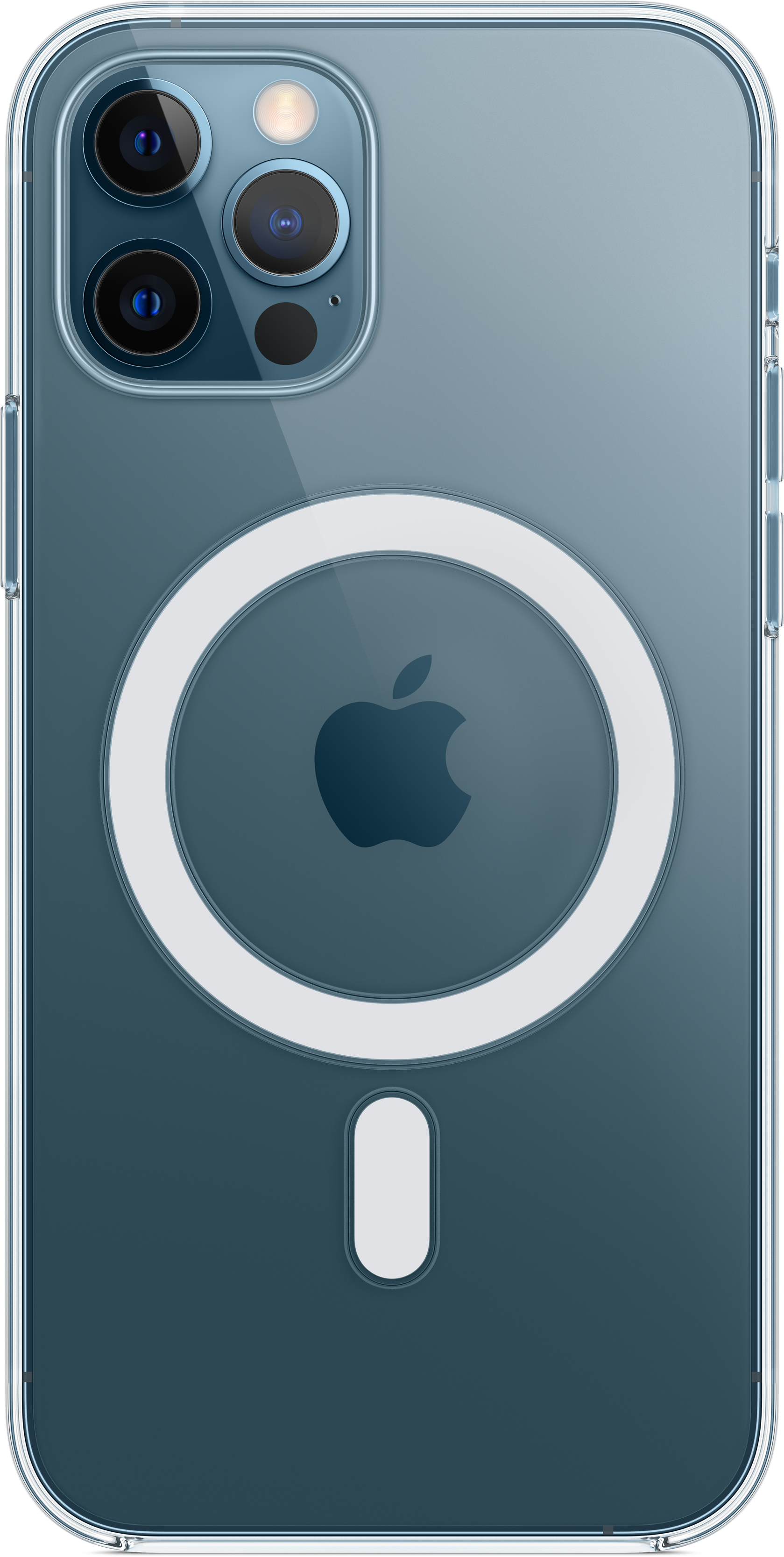 Handyhülle mit Apple-Logo und Kameralinsen, klar, auf blauem Telefon. Der Hintergrund ist weiß.