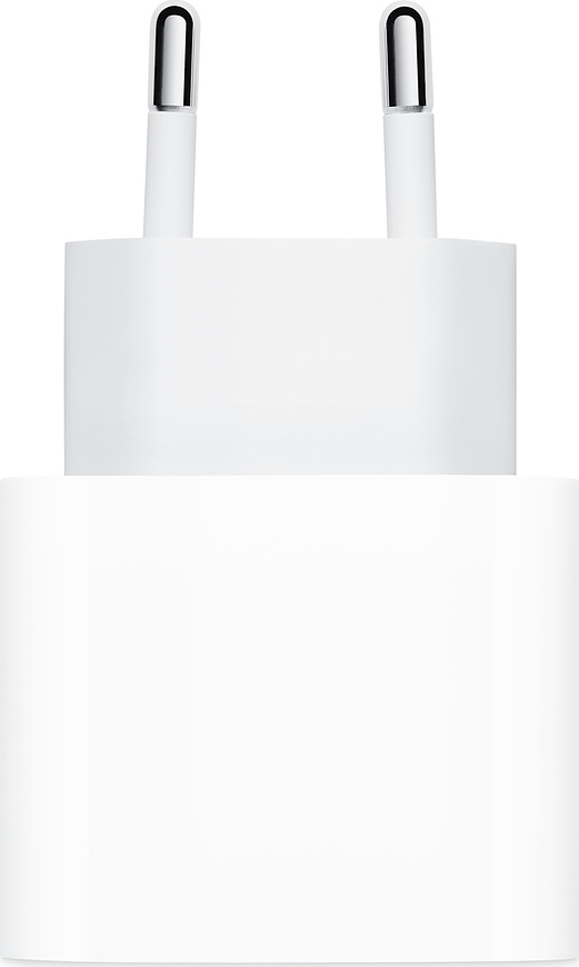 Ein weißes Apple-Ladegerät mit zwei silbernen Stiften.