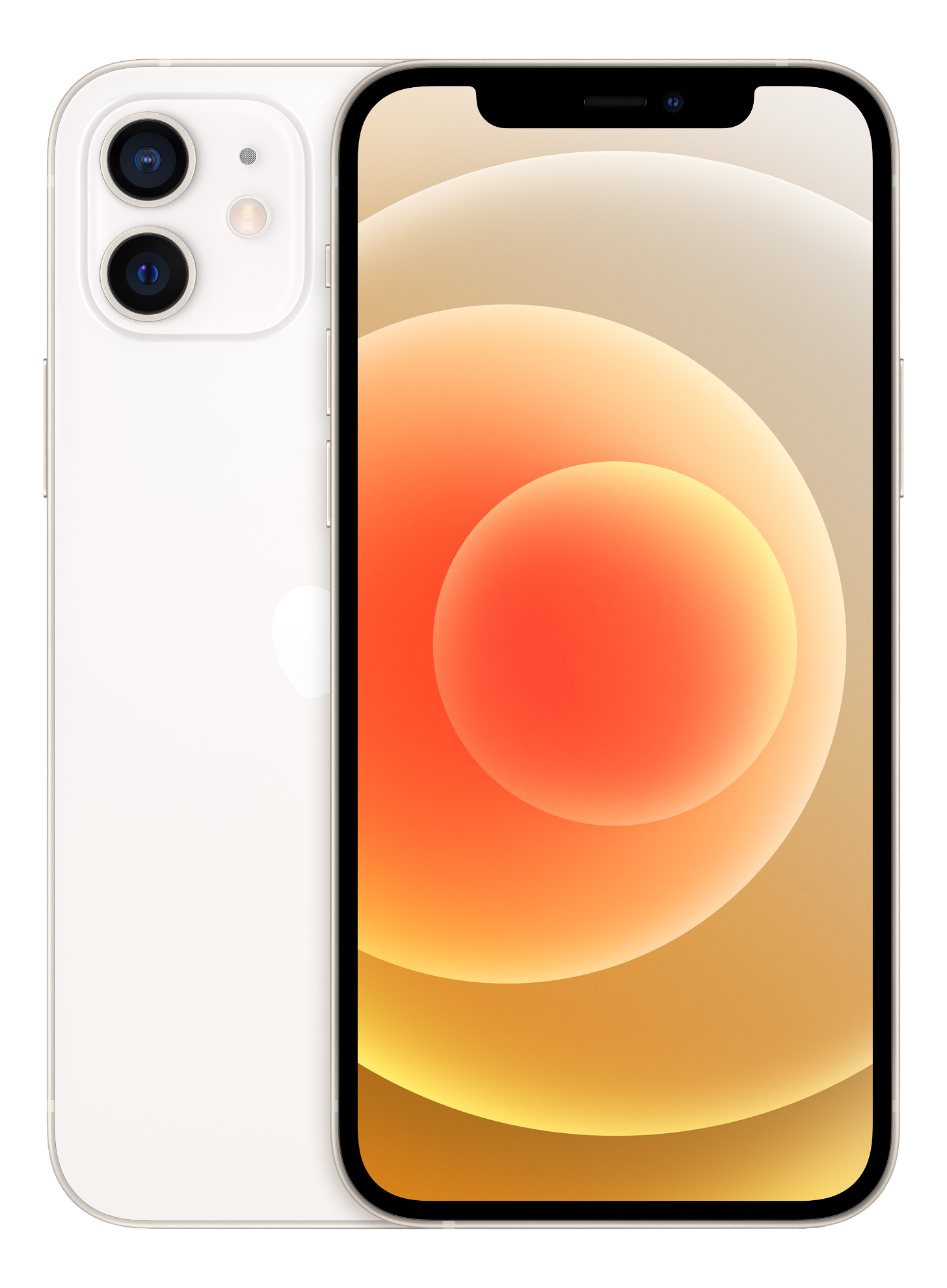 iPhone 12 blanc. Le téléphone a deux caméras arrière et un écran affichant une image.