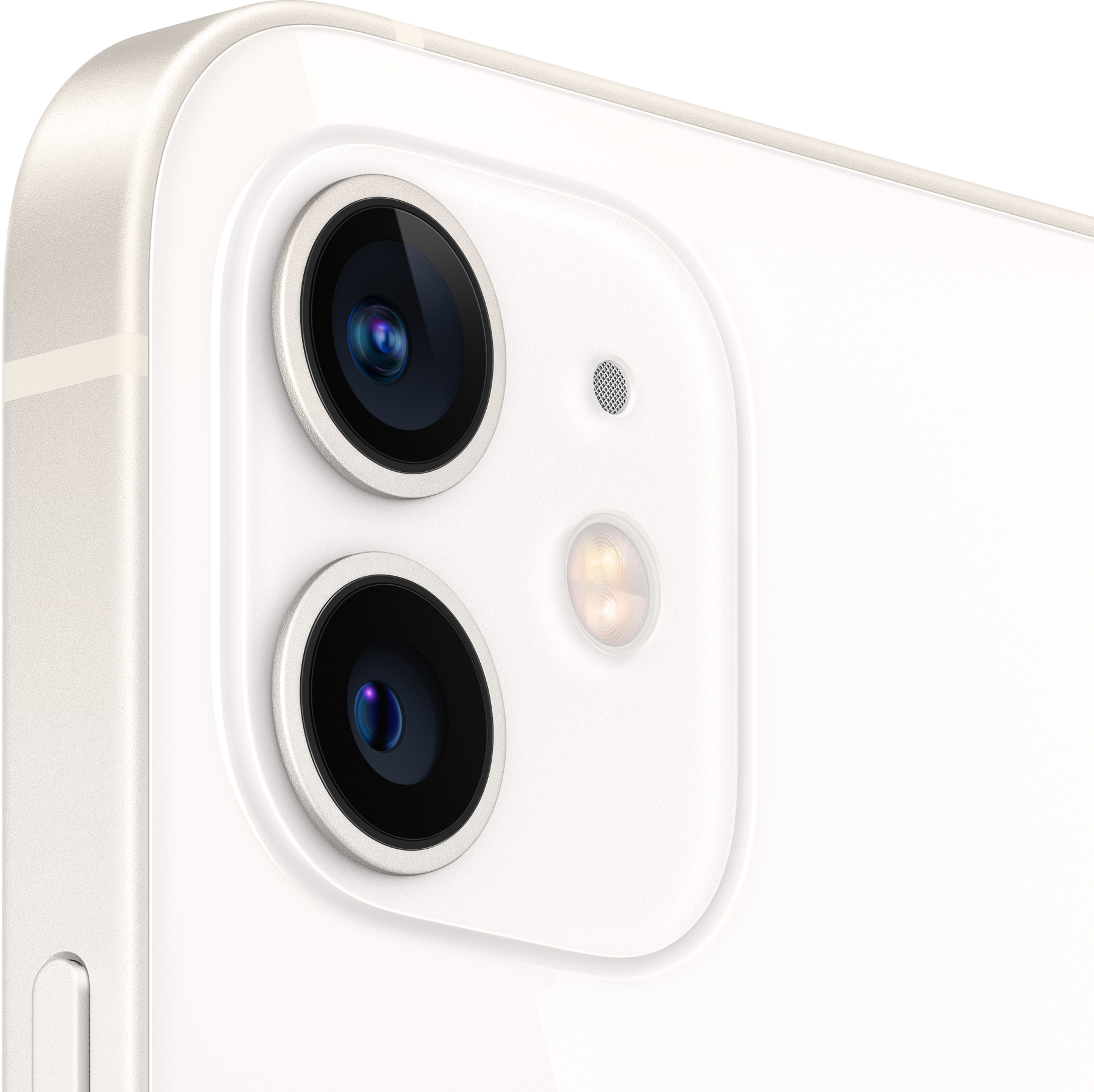 Gros plan sur l'arrière d'un smartphone blanc, montrant des objectifs doubles et un flash.