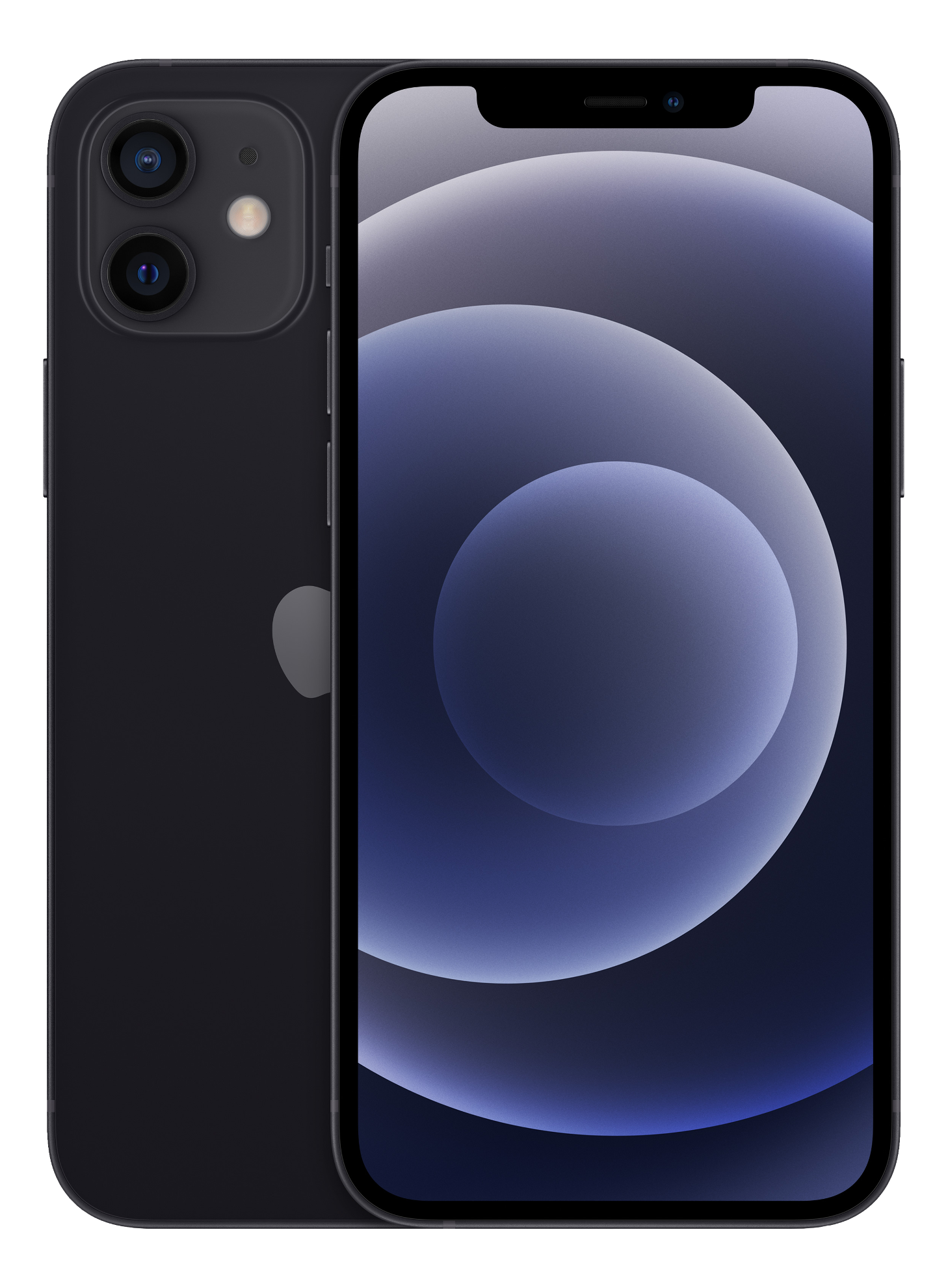 Un iPhone noir avec un ensemble de caméras à l'arrière, écran allumé, affichant un arrière-plan flou bleu et blanc.