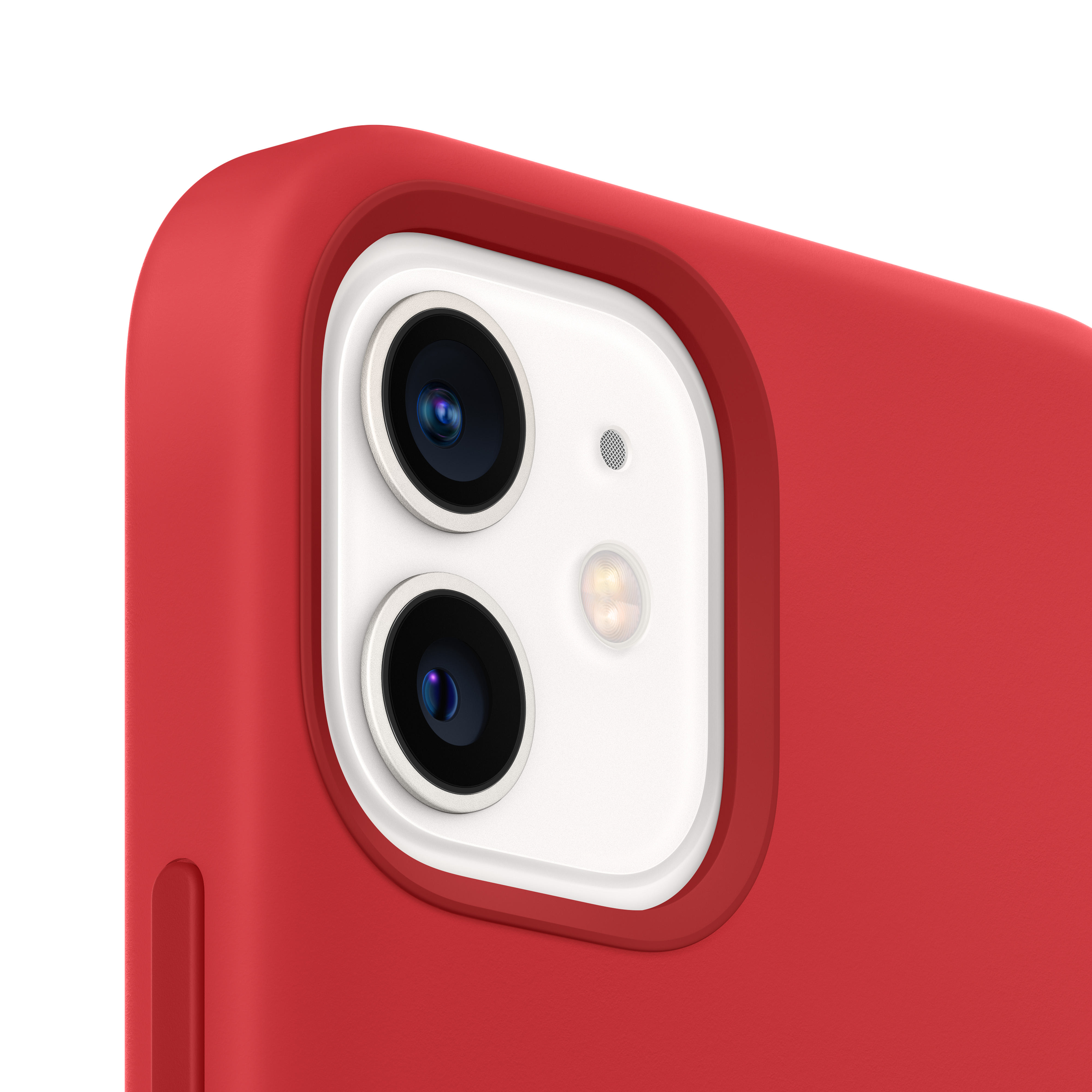 Nahaufnahme einer roten iPhone-Hülle mit Kameramodul. Das Modul ist weiß mit zwei Kameralinsen.