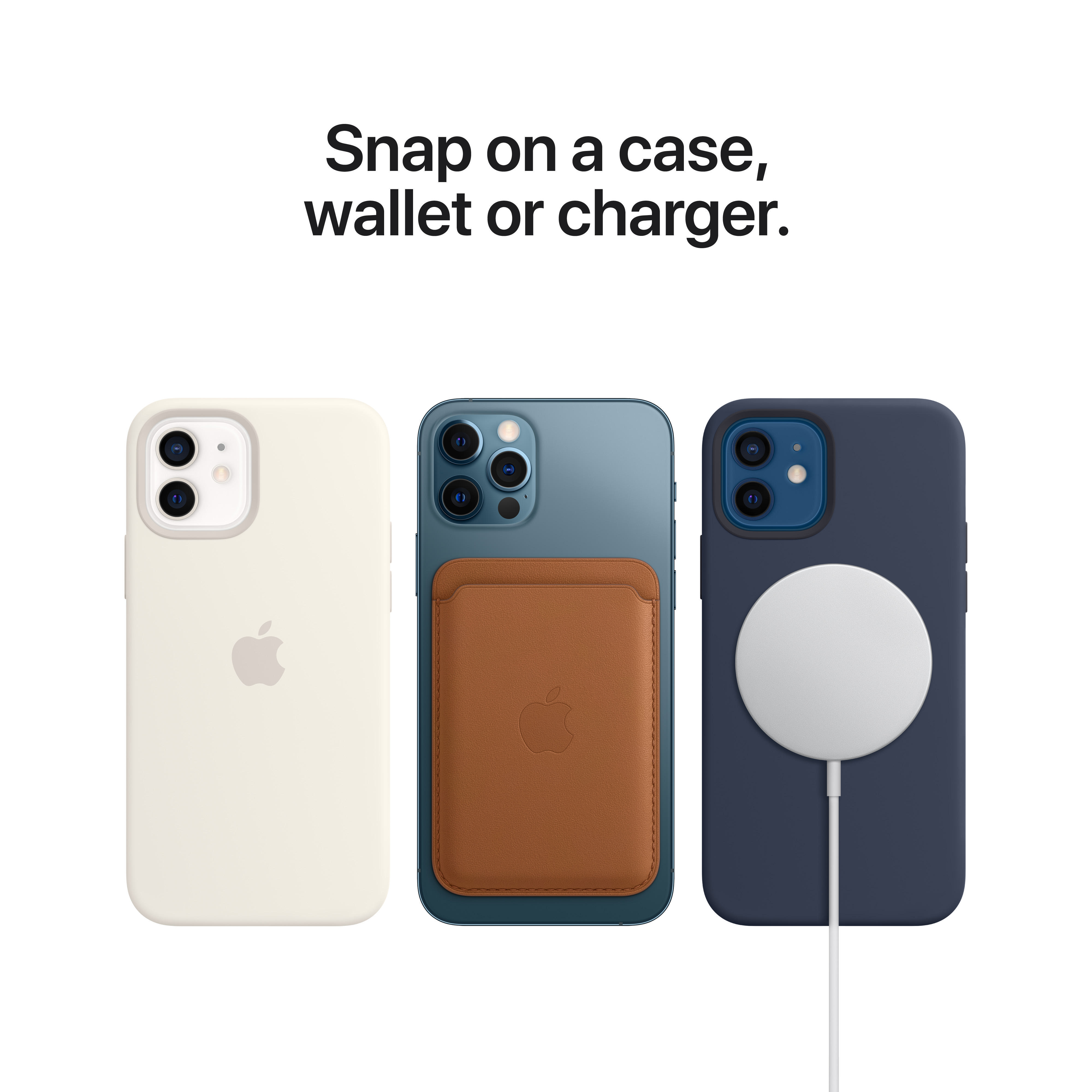 Drei iPhones mit Hüllen und Zubehör, darunter ein Ladegerät und eine Geldbörse.