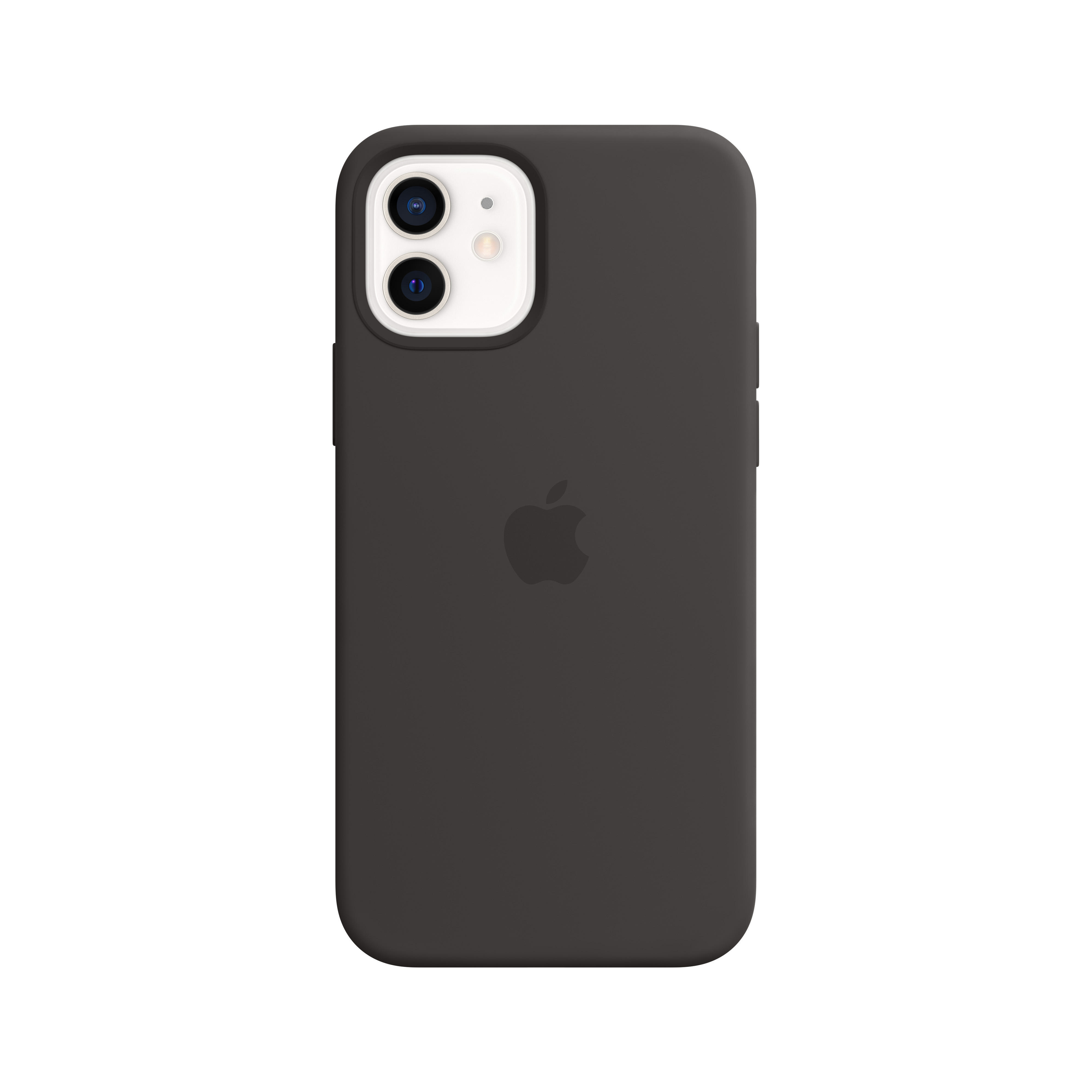 Schwarze iPhone 11 Hülle mit Apple-Logo. Einfaches Design, Rückseite des Telefons.