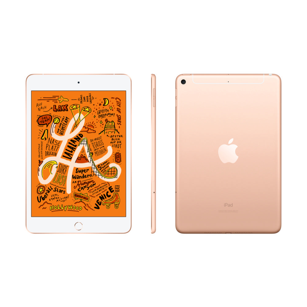 Ein iPad Mini in Goldfarbe, das den Bildschirm und die Seitenansicht zeigt, auf weißem Hintergrund.