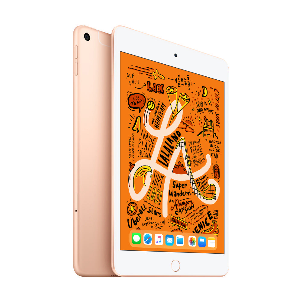 Ein roségoldenes iPad mini mit hellorangefarbenem Hintergrund und einem Display, das einen bunten Cartoon zeigt.