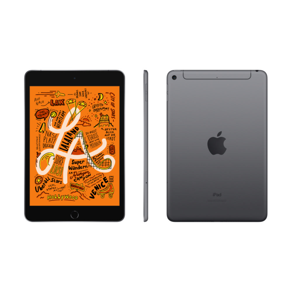 Ein dunkelgraues iPad mini. Vorder-, Seiten- und Rückansicht mit einem farbenfrohen Bild auf dem Bildschirm.