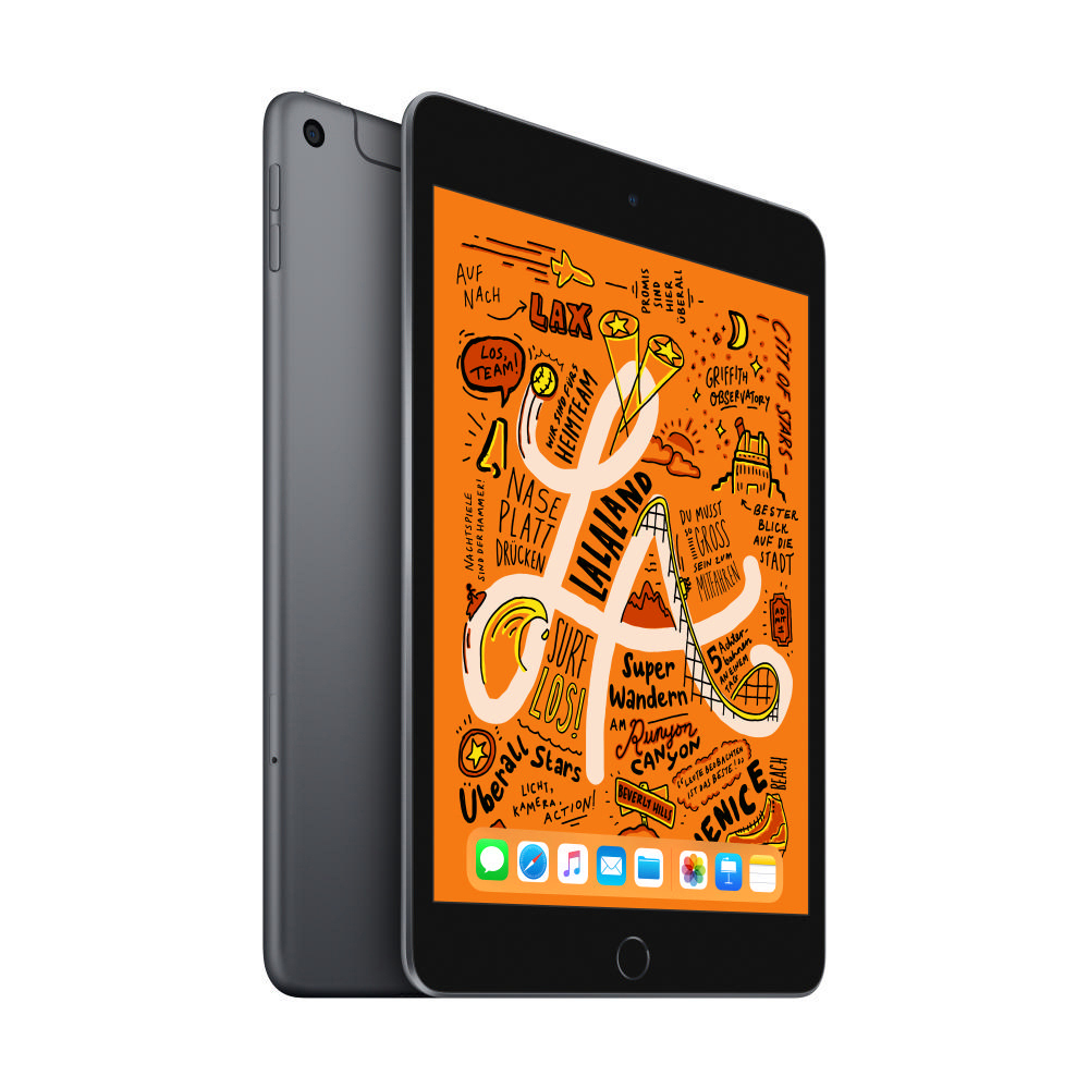 Schwarzes iPad mini mit orangefarbenem Bildschirm auf weißem Hintergrund, mit einem anderen iPad.