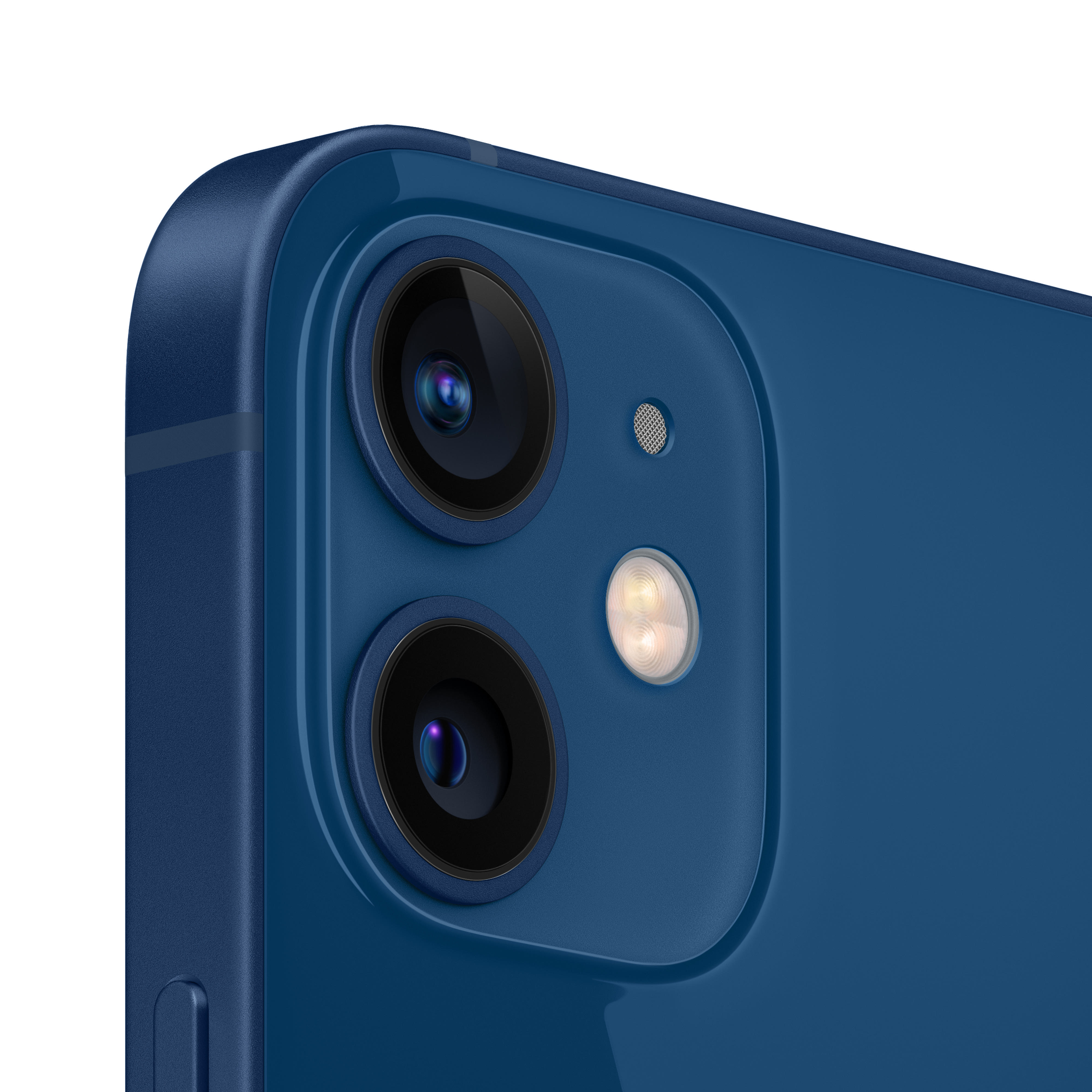 Blaues Telefon mit zwei Kameras und einem Blitz. Das Telefon hat einen blauen Rahmen und einen schwarzen Kamerabereich.