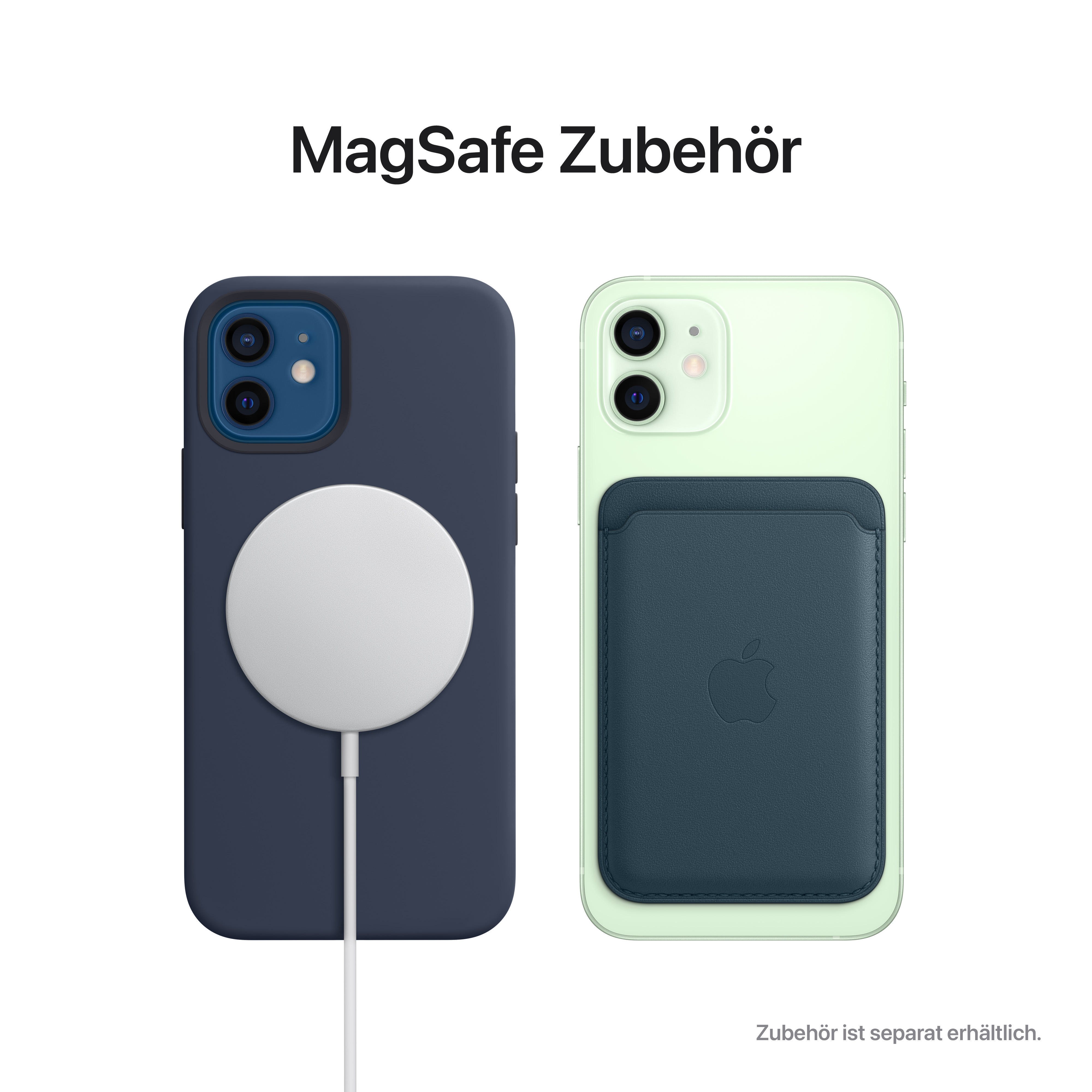Ein iPhone mit MagSafe-Wallet und kabellosem Ladegerät. Beide sind dunkelblau und auf weißem Untergrund.