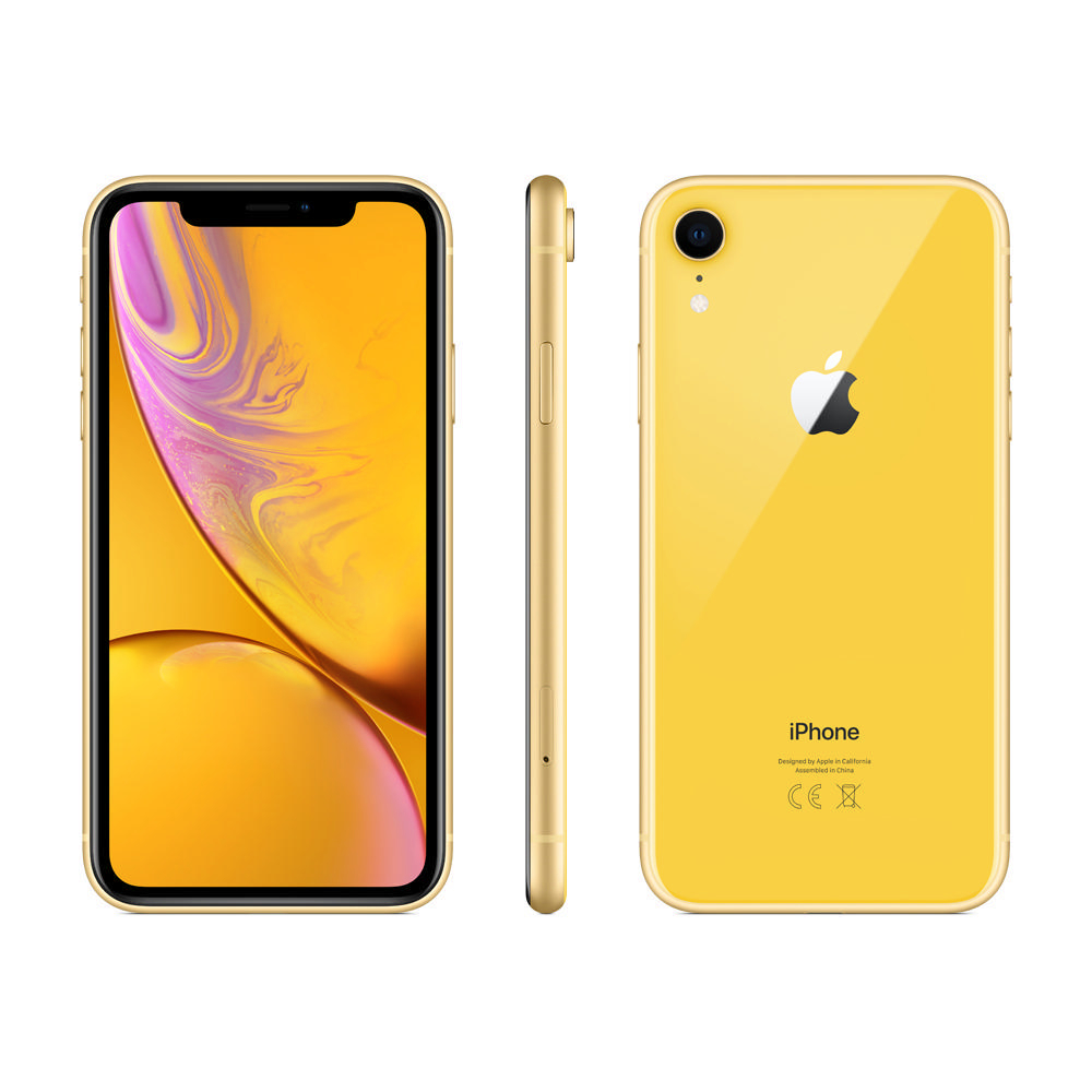 Gelbes iPhone XR mit drei Ansichten: vorne, Seite und hinten.