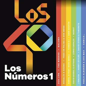Portada de CD para Los 40, con un logotipo colorido y nombres de artistas, sobre fondo negro.