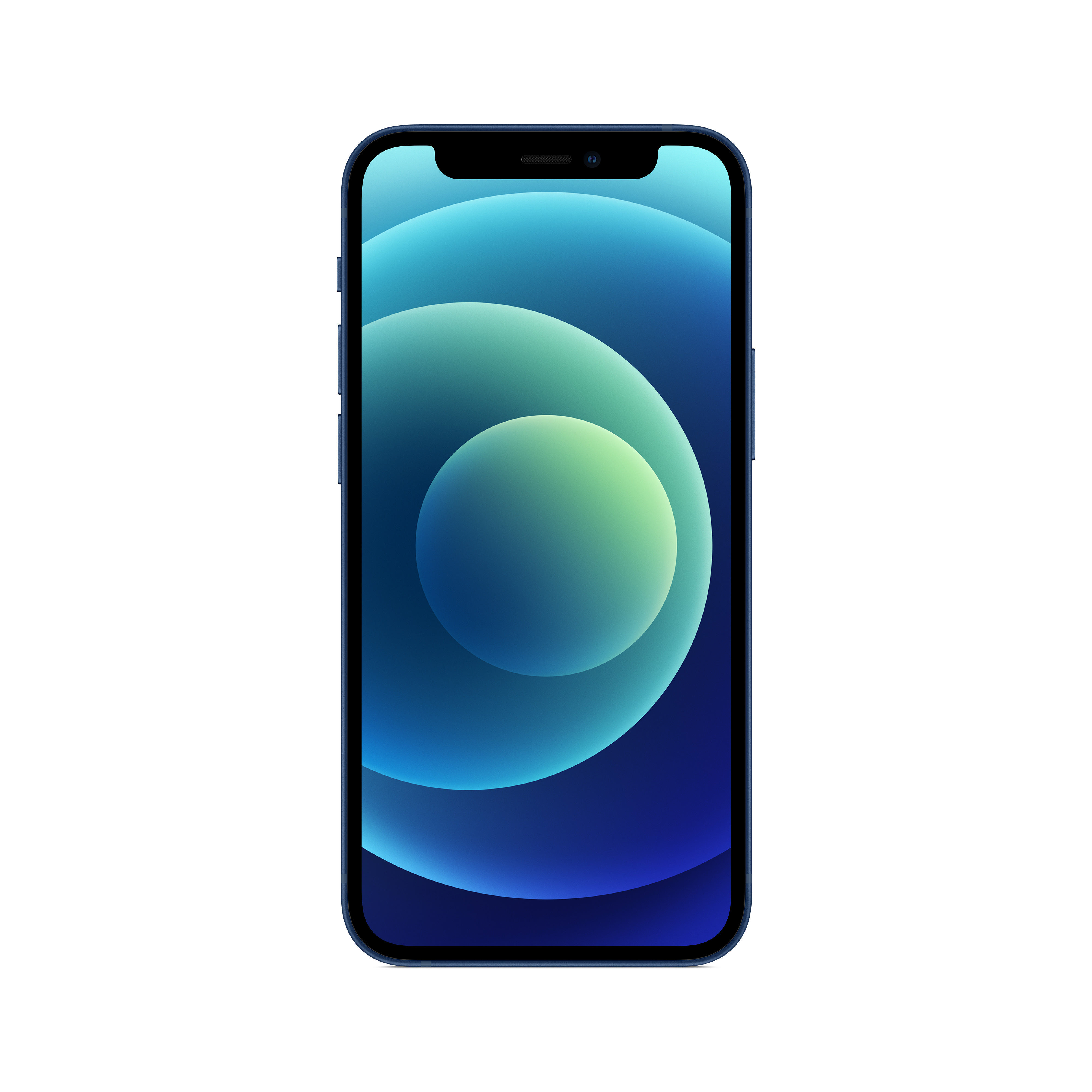 Blaues iPhone 12 auf weißem Hintergrund, das Bildschirm und Kamera zeigt.