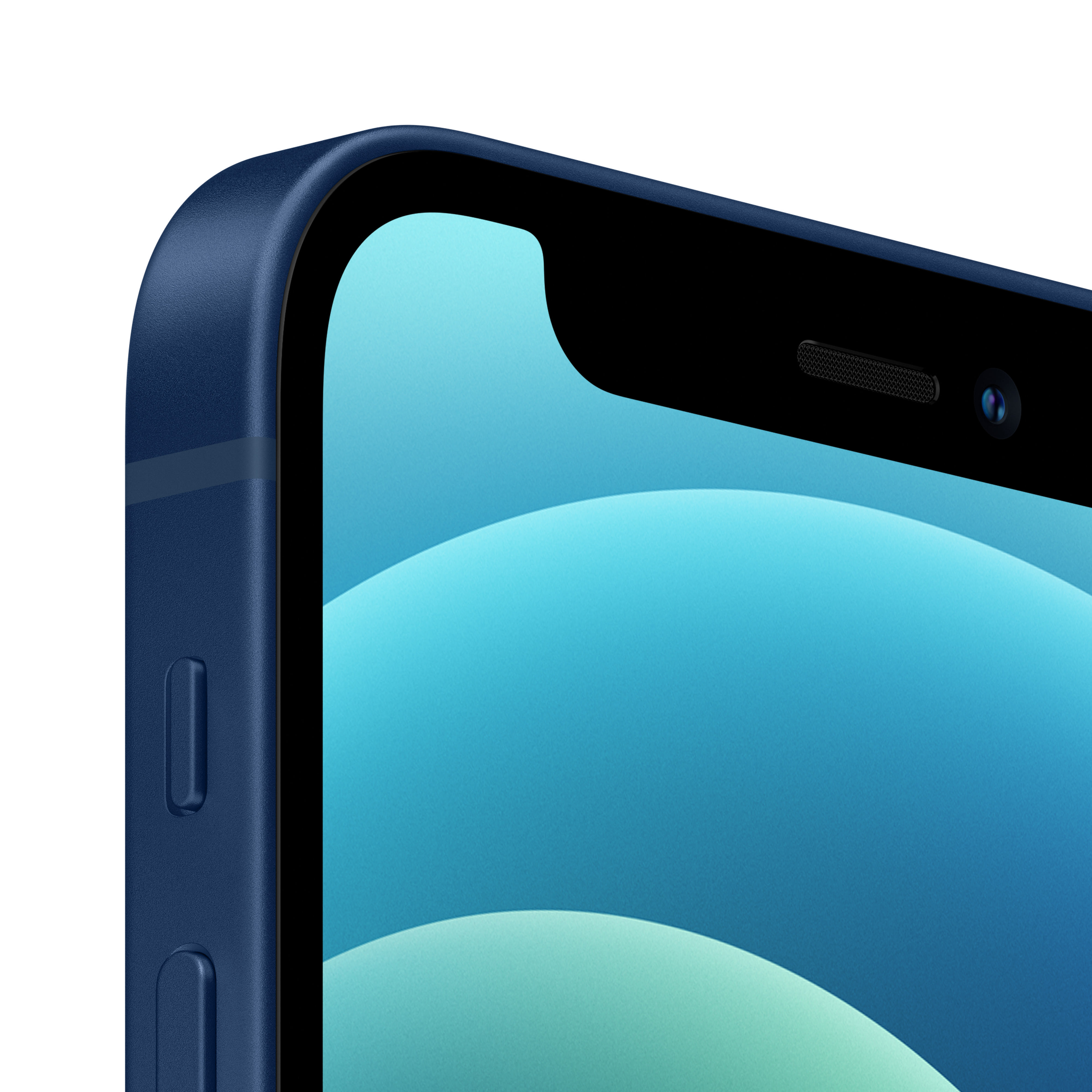 Blaue iPhone 12 Ecke, schwarzer Bildschirm, Kamera. Nahaufnahme.