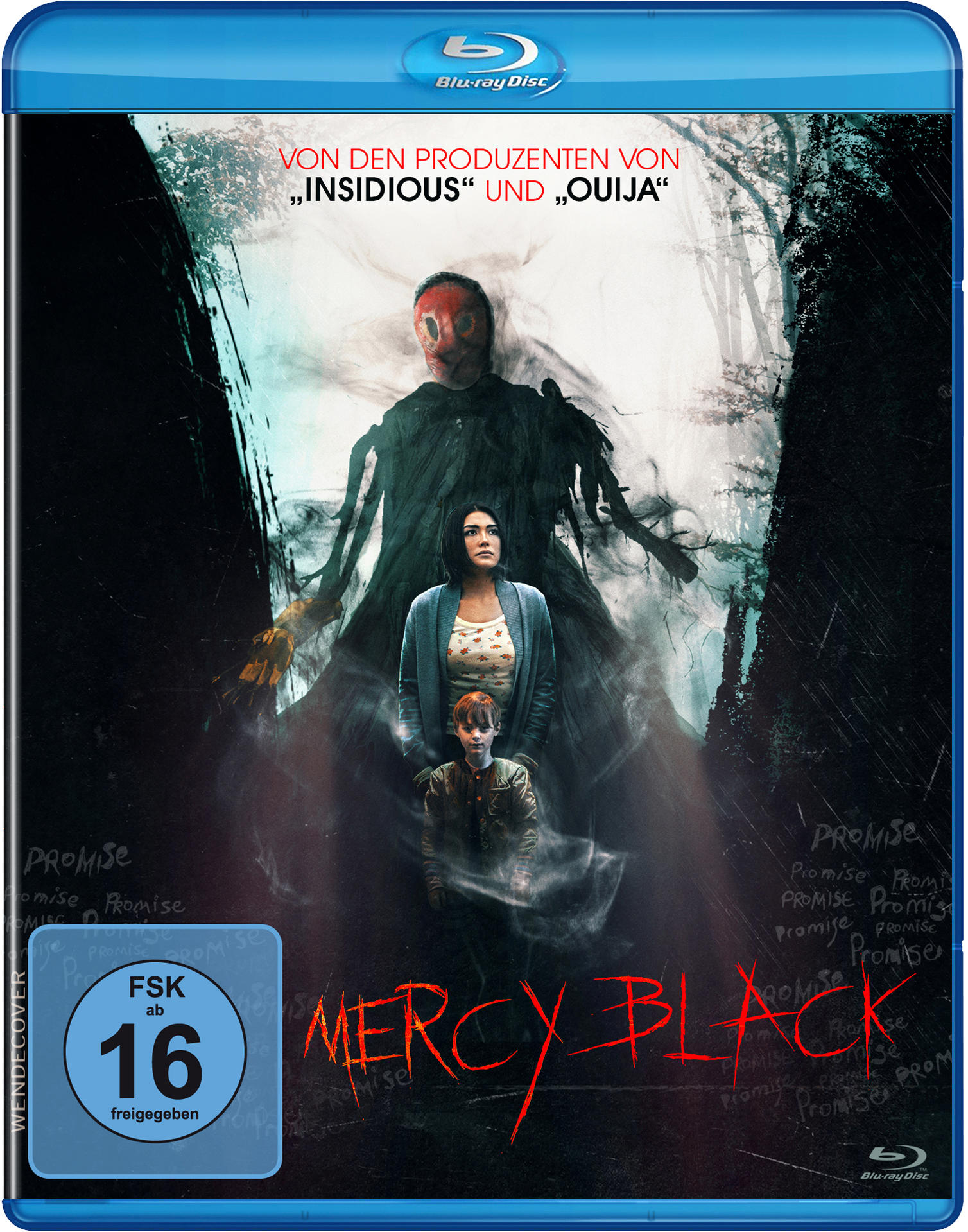 Filmcover: Eine dunkle Gestalt mit rotem Gesicht. Titel: Mercy Black.