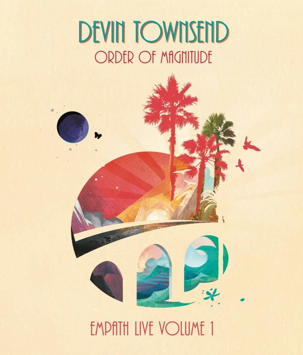 Devin Townsend's "Order of Magnitude" album cover, vibrant art with palm trees.