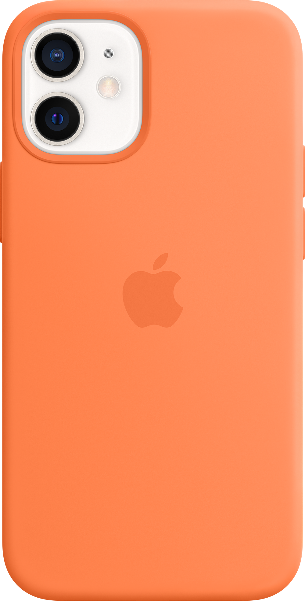 Orange iPhone case with camera and Apple logo. The back is solid orange. The camera is black, white and silver.